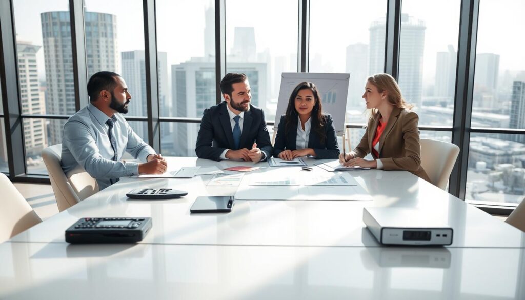 A professional business meeting in a modern office setting, with a large glass window revealing a city skyline in the background. In the foreground, a diverse group of four individuals dressed in professional attire—two men and two women—are engaged in a discussion around a sleek conference table with financial documents and a calculator scattered around. The atmosphere is focused and optimistic, illuminated by soft natural light streaming through the window, casting gentle shadows. The middle ground features a whiteboard with financial graphs and a projector displaying charts, emphasizing the theme of long-term financing strategies. The overall mood is productive and forward-thinking, showcasing teamwork and strategic planning in overcoming financial challenges. A professional business meeting in a modern office setting, with a large glass window revealing a city skyline in the background. In the foreground, a diverse group of four individuals dressed in professional attire—two men and two women—are engaged in a discussion around a sleek conference table with financial documents and a calculator scattered around. The atmosphere is focused and optimistic, illuminated by soft natural light streaming through the window, casting gentle shadows. The middle ground features a whiteboard with financial graphs and a projector displaying charts, emphasizing the theme of long-term financing strategies. The overall mood is productive and forward-thinking, showcasing teamwork and strategic planning in overcoming financial challenges.