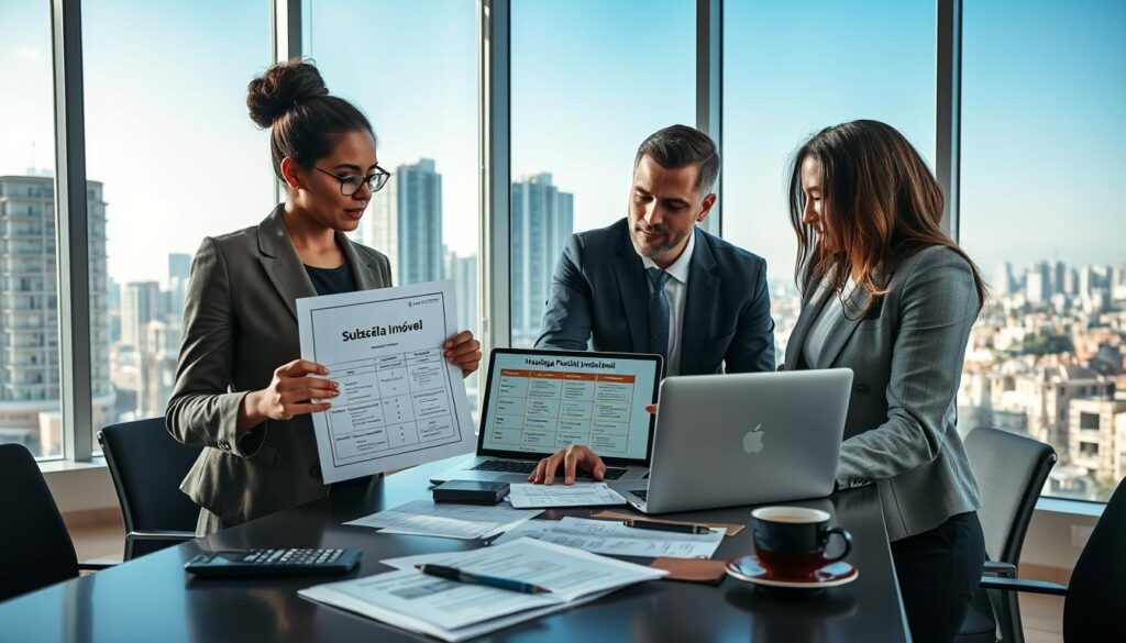 A professional business meeting setting focused on real estate financing, featuring a diverse group of three individuals in modest business attire. In the foreground, a confident woman points to a document titled "Subsídio Parcela Imóvel," while a man and another woman attentively examine a laptop showing a graphical breakdown of housing subsidy options. The middle ground includes a sleek conference table scattered with financial documents, a calculator, and a coffee cup, enhancing the professional atmosphere. In the background, large windows reveal a modern city skyline under clear blue skies, allowing ample natural light to illuminate the scene. The overall mood is collaborative and focused, conveying the essence of understanding housing subsidies in the state context. A professional business meeting setting focused on real estate financing, featuring a diverse group of three individuals in modest business attire. In the foreground, a confident woman points to a document titled "Subsídio Parcela Imóvel," while a man and another woman attentively examine a laptop showing a graphical breakdown of housing subsidy options. The middle ground includes a sleek conference table scattered with financial documents, a calculator, and a coffee cup, enhancing the professional atmosphere. In the background, large windows reveal a modern city skyline under clear blue skies, allowing ample natural light to illuminate the scene. The overall mood is collaborative and focused, conveying the essence of understanding housing subsidies in the state context.