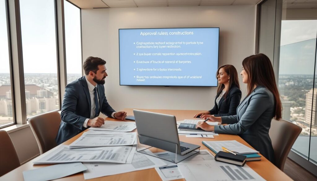 A professional business meeting setting in a modern office with a cityscape view of Maringá in the background. In the foreground, a well-dressed diverse group of professionals, two men and two women, engaged in a discussion around a table cluttered with paperwork, blueprints of construction projects, and a laptop displaying financial data. The room is brightly lit with natural light pouring through large windows, creating a warm, inviting atmosphere. On the wall, a digital screen displays key points about buyer requirements for financing construction. The camera angle is slightly elevated, capturing the interaction among the group while highlighting the dynamic city view beyond. This image evokes a sense of collaboration, professionalism, and focus on approval rules and buyer requirements. A professional business meeting setting in a modern office with a cityscape view of Maringá in the background. In the foreground, a well-dressed diverse group of professionals, two men and two women, engaged in a discussion around a table cluttered with paperwork, blueprints of construction projects, and a laptop displaying financial data. The room is brightly lit with natural light pouring through large windows, creating a warm, inviting atmosphere. On the wall, a digital screen displays key points about buyer requirements for financing construction. The camera angle is slightly elevated, capturing the interaction among the group while highlighting the dynamic city view beyond. This image evokes a sense of collaboration, professionalism, and focus on approval rules and buyer requirements.