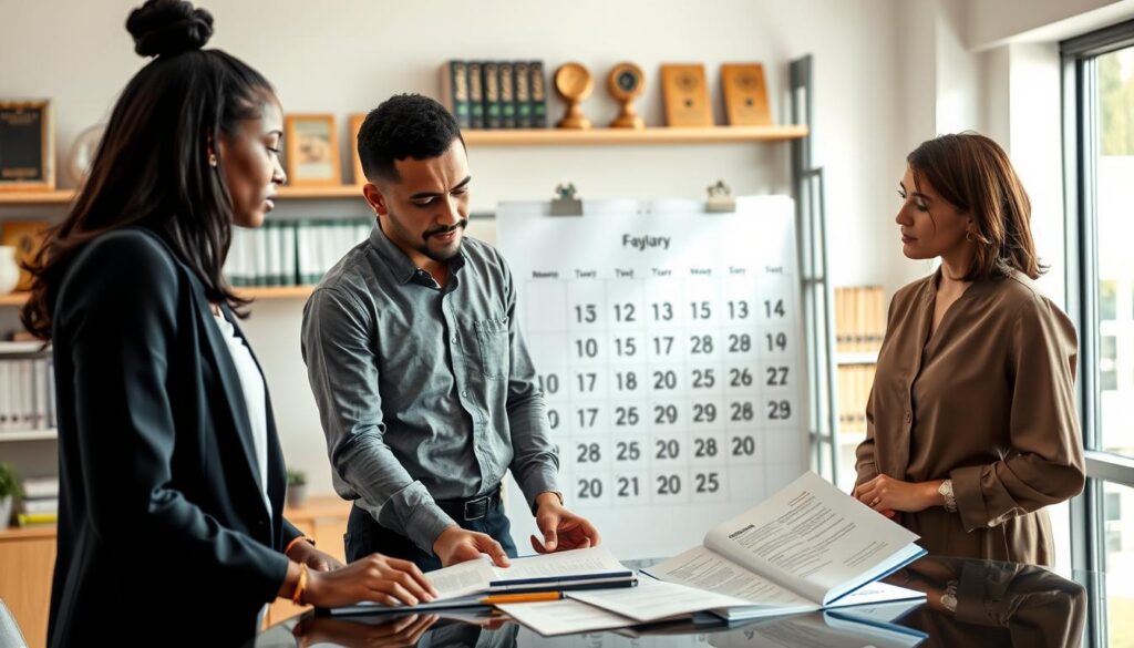 A professional business scene depicting the concept of "abono salarial" in an office environment. In the foreground, a diverse group of three individuals—one Black woman in a smart blazer, one Hispanic man in a dress shirt, and one Caucasian woman in a modest blouse—engaged in discussion, looking at financial documents on a desk. In the middle ground, a large calendar on the wall highlighting important payment dates. The background features a soft-focus view of shelves with financial books and awards, creating an atmosphere of professionalism and stability. Natural daylight streams through a large window, casting warm, inviting light. The scene conveys a sense of collaboration, determination, and financial awareness. A professional business scene depicting the concept of "abono salarial" in an office environment. In the foreground, a diverse group of three individuals—one Black woman in a smart blazer, one Hispanic man in a dress shirt, and one Caucasian woman in a modest blouse—engaged in discussion, looking at financial documents on a desk. In the middle ground, a large calendar on the wall highlighting important payment dates. The background features a soft-focus view of shelves with financial books and awards, creating an atmosphere of professionalism and stability. Natural daylight streams through a large window, casting warm, inviting light. The scene conveys a sense of collaboration, determination, and financial awareness.