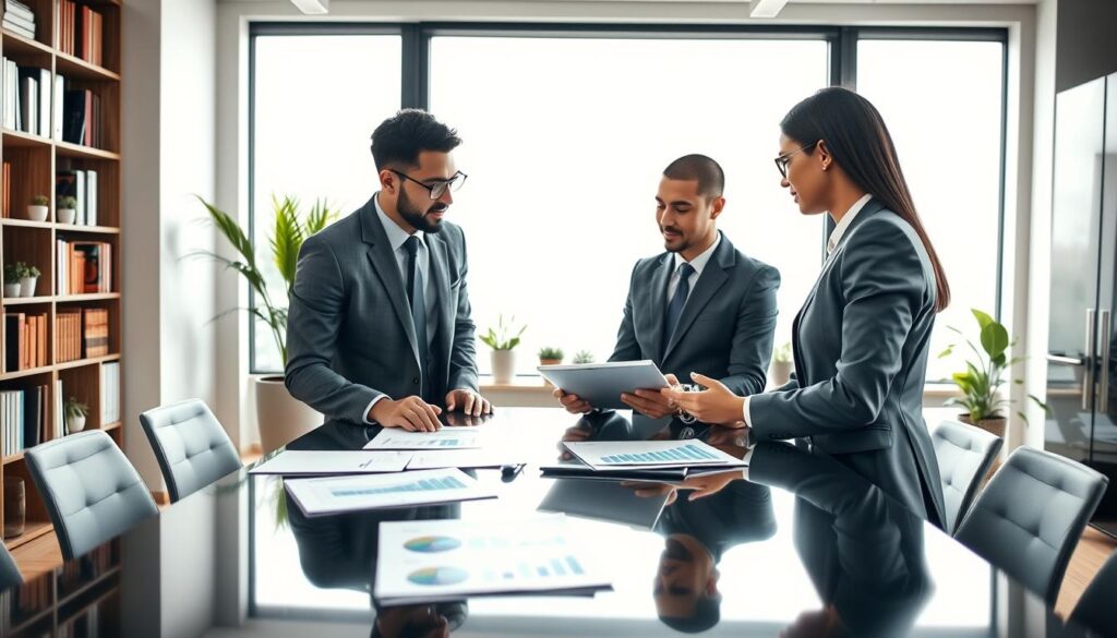 A professional business setting illustrating the concept of "Lance Embutido." In the foreground, a diverse group of three individuals, two men and one woman, all dressed in smart business attire, are gathered around a modern conference table. They are engaging in a discussion, with documents and a tablet displaying financial graphs and charts in front of them. In the middle ground, a large window allows soft natural light to flood the room, highlighting the expressions of concentration and collaboration on the faces of the participants. The background showcases a sleek office environment with shelves of books and potted plants, creating a warm yet professional atmosphere. The image captures the essence of teamwork and strategic planning, emphasizing the theme of using one's own letter (carta) for contemplation in financial decisions. A professional business setting illustrating the concept of "Lance Embutido." In the foreground, a diverse group of three individuals, two men and one woman, all dressed in smart business attire, are gathered around a modern conference table. They are engaging in a discussion, with documents and a tablet displaying financial graphs and charts in front of them. In the middle ground, a large window allows soft natural light to flood the room, highlighting the expressions of concentration and collaboration on the faces of the participants. The background showcases a sleek office environment with shelves of books and potted plants, creating a warm yet professional atmosphere. The image captures the essence of teamwork and strategic planning, emphasizing the theme of using one's own letter (carta) for contemplation in financial decisions.