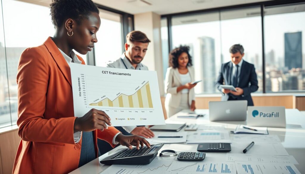 A professional business setting showcasing a diverse group of individuals engaged in a discussion around financial documents and charts, specifically focusing on "CET financiamento." In the foreground, an African American woman in professional attire points to a detailed graph illustrating the total effective cost of financing, while a Caucasian male colleague takes notes. In the middle, a table covered with financial documents, calculators, and a laptop. In the background, a well-lit, modern conference room featuring a large window with a cityscape view. The lighting is bright and inviting, creating a sense of collaboration and urgency. The atmosphere conveys professionalism and the importance of understanding financial terms like CET in decision-making. A professional business setting showcasing a diverse group of individuals engaged in a discussion around financial documents and charts, specifically focusing on "CET financiamento." In the foreground, an African American woman in professional attire points to a detailed graph illustrating the total effective cost of financing, while a Caucasian male colleague takes notes. In the middle, a table covered with financial documents, calculators, and a laptop. In the background, a well-lit, modern conference room featuring a large window with a cityscape view. The lighting is bright and inviting, creating a sense of collaboration and urgency. The atmosphere conveys professionalism and the importance of understanding financial terms like CET in decision-making.