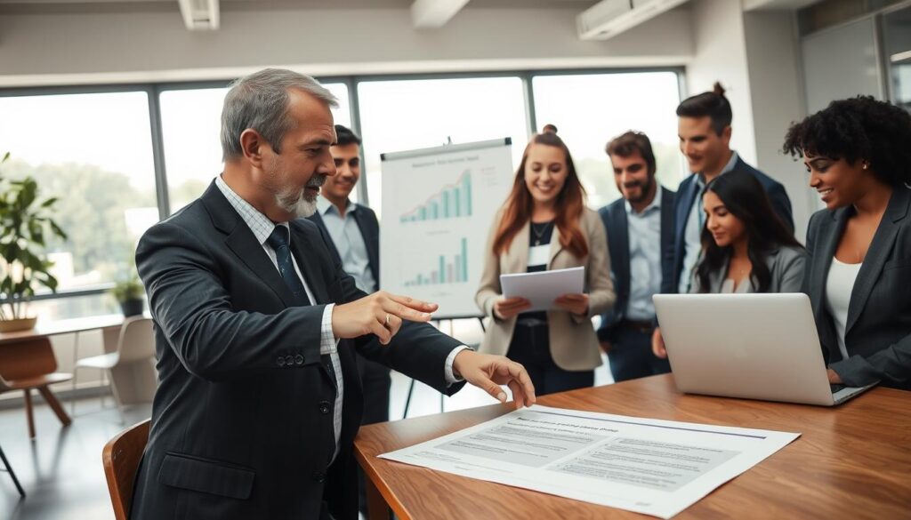A professional business setting showcasing a diverse group of individuals engaged in a discussion about financing their first real estate investments in Paraná. In the foreground, a middle-aged man in a suit points to a document on a wooden table, illustrating the concept of "isenção Funrejus." Beside him, a young woman in smart casual attire actively takes notes on a laptop. In the middle ground, a flip chart displays graphs and bullet points about financing rules. The background features an office space with large windows allowing natural light to stream in, enhancing a hopeful and positive atmosphere. The overall mood should convey clarity, professionalism, and teamwork, all while maintaining a focus on financial empowerment. A professional business setting showcasing a diverse group of individuals engaged in a discussion about financing their first real estate investments in Paraná. In the foreground, a middle-aged man in a suit points to a document on a wooden table, illustrating the concept of "isenção Funrejus." Beside him, a young woman in smart casual attire actively takes notes on a laptop. In the middle ground, a flip chart displays graphs and bullet points about financing rules. The background features an office space with large windows allowing natural light to stream in, enhancing a hopeful and positive atmosphere. The overall mood should convey clarity, professionalism, and teamwork, all while maintaining a focus on financial empowerment.