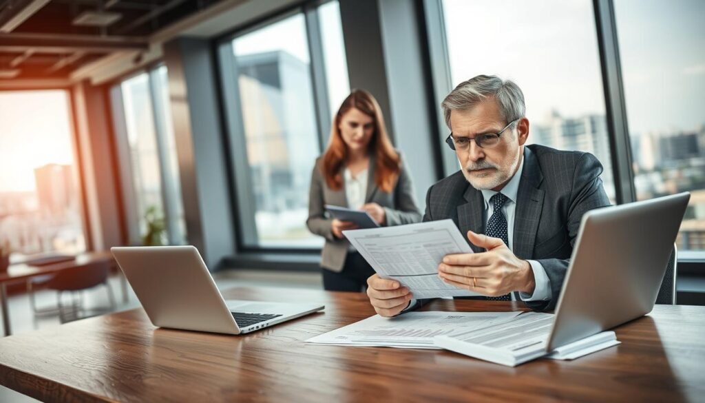 A professional business setting showcasing a public servant discussing real estate financing with a banker. In the foreground, a middle-aged man in a smart suit sits at a wooden desk with financial documents and a laptop open, gesturing towards the papers. The middle layer includes a woman in professional attire, attentively listening and taking notes. The background features a modern office environment with large windows, allowing natural light to stream in, and a cityscape visible outside. Soft, warm lighting adds a comforting yet serious mood, emphasizing the theme of trust and professionalism in financial discussions. The composition should evoke a sense of collaboration and expertise in the realm of public sector real estate financing. A professional business setting showcasing a public servant discussing real estate financing with a banker. In the foreground, a middle-aged man in a smart suit sits at a wooden desk with financial documents and a laptop open, gesturing towards the papers. The middle layer includes a woman in professional attire, attentively listening and taking notes. The background features a modern office environment with large windows, allowing natural light to stream in, and a cityscape visible outside. Soft, warm lighting adds a comforting yet serious mood, emphasizing the theme of trust and professionalism in financial discussions. The composition should evoke a sense of collaboration and expertise in the realm of public sector real estate financing.