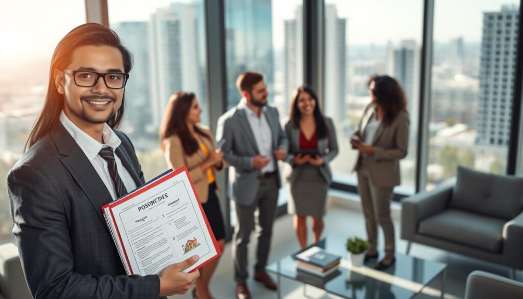 A professional business setting showcasing a successful moment in a real estate consortium. In the foreground, a confident person wearing smart business attire holds a folder filled with property documentation. In the middle, a diverse group of individuals, including a woman and a man, discuss animatedly, surrounded by a modern office environment with sleek furniture and a large window revealing a sunny day outside. The background features a city skyline, with high-rise buildings representative of Maringá's architecture. The lighting is bright and inviting, creating a sense of optimism and achievement. The atmosphere radiates professionalism and the excitement of securing a property through a real estate consortium. The angle captures the dynamic interaction among the group, emphasizing the theme of collaboration and success. A professional business setting showcasing a successful moment in a real estate consortium. In the foreground, a confident person wearing smart business attire holds a folder filled with property documentation. In the middle, a diverse group of individuals, including a woman and a man, discuss animatedly, surrounded by a modern office environment with sleek furniture and a large window revealing a sunny day outside. The background features a city skyline, with high-rise buildings representative of Maringá's architecture. The lighting is bright and inviting, creating a sense of optimism and achievement. The atmosphere radiates professionalism and the excitement of securing a property through a real estate consortium. The angle captures the dynamic interaction among the group, emphasizing the theme of collaboration and success.