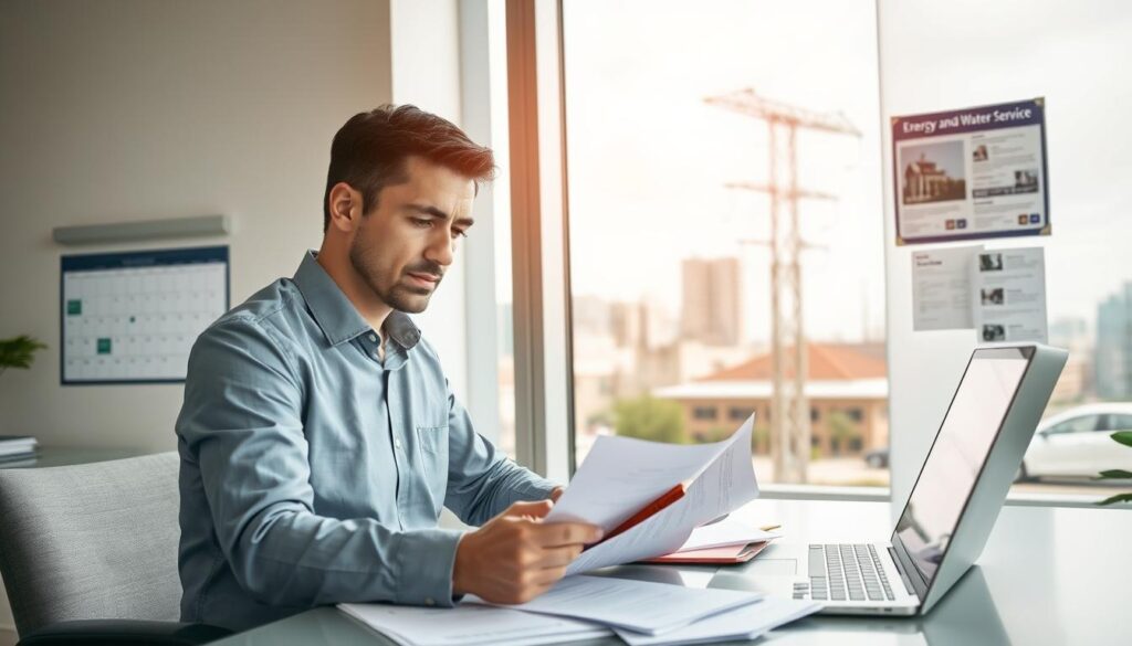 A professional business setting showcasing the process of requesting new energy and water connections. In the foreground, a focused individual in professional attire reviews documents at a sleek office desk, surrounded by paperwork and a laptop displaying forms. The middle layer features a large window with natural light flooding in, revealing a cityscape with modern buildings and utility poles in the distance. In the background, a wall-mounted calendar and a bulletin board covered with energy and water service flyers create context. The atmosphere is calm and organized, emphasizing clarity and professionalism, with soft lighting highlighting the subject's thoughtful expression. Use a wide-angle lens for an inclusive view while keeping the focus sharp on the individual. A professional business setting showcasing the process of requesting new energy and water connections. In the foreground, a focused individual in professional attire reviews documents at a sleek office desk, surrounded by paperwork and a laptop displaying forms. The middle layer features a large window with natural light flooding in, revealing a cityscape with modern buildings and utility poles in the distance. In the background, a wall-mounted calendar and a bulletin board covered with energy and water service flyers create context. The atmosphere is calm and organized, emphasizing clarity and professionalism, with soft lighting highlighting the subject's thoughtful expression. Use a wide-angle lens for an inclusive view while keeping the focus sharp on the individual.