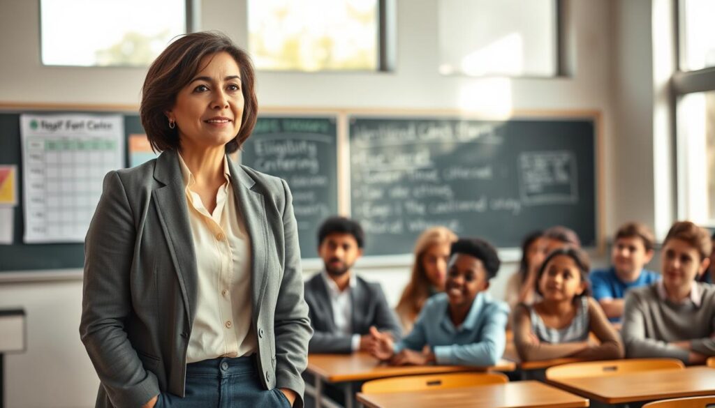 A professional educator standing confidently in a classroom, engaged in a discussion with attentive students. The educator, a middle-aged woman of Hispanic descent, wears a smart blazer over a blouse, embodying professionalism. In the foreground, a chalkboard displays educational charts and notes indicating eligibility criteria for teacher subsidies. In the middle ground, diverse students of various ethnicities are seated at wooden desks, eager and focused, reflecting a positive learning atmosphere. The background features large windows allowing sunlight to illuminate the space, creating a warm and inviting environment. The composition captures a sense of authority, dedication, and the importance of education, conveying a supportive and respectful mood. The lighting is soft and natural, enhancing the welcoming ambiance of the classroom. A professional educator standing confidently in a classroom, engaged in a discussion with attentive students. The educator, a middle-aged woman of Hispanic descent, wears a smart blazer over a blouse, embodying professionalism. In the foreground, a chalkboard displays educational charts and notes indicating eligibility criteria for teacher subsidies. In the middle ground, diverse students of various ethnicities are seated at wooden desks, eager and focused, reflecting a positive learning atmosphere. The background features large windows allowing sunlight to illuminate the space, creating a warm and inviting environment. The composition captures a sense of authority, dedication, and the importance of education, conveying a supportive and respectful mood. The lighting is soft and natural, enhancing the welcoming ambiance of the classroom.