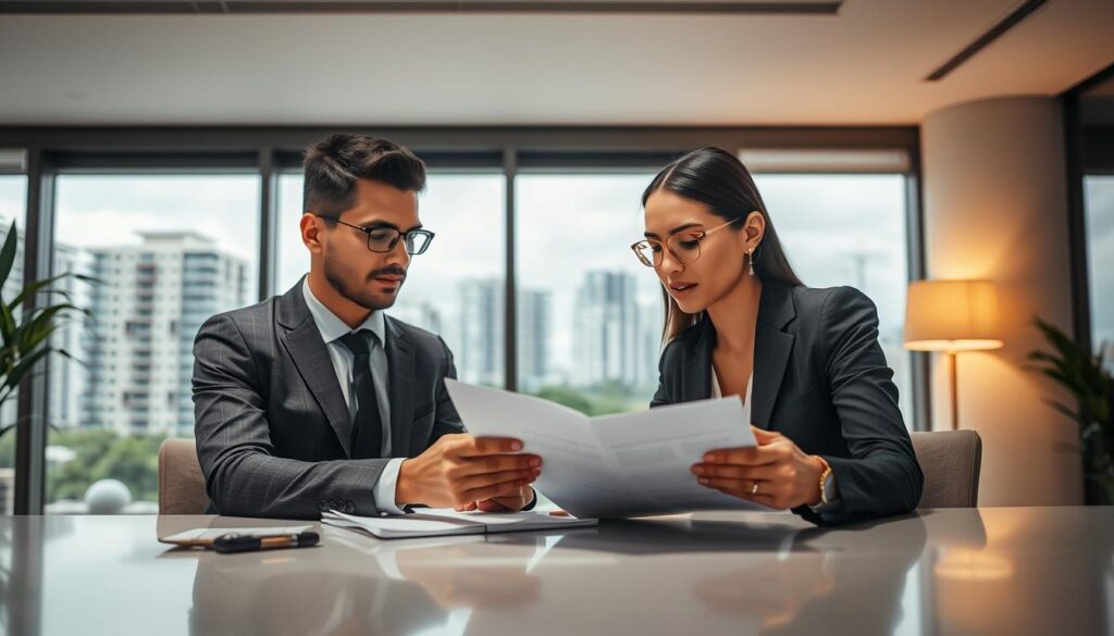 A professional, finance-themed scene set in a modern office environment. In the foreground, a well-dressed couple, both in business attire, sits at a sleek desk, examining documents related to apartment financing. Their facial expressions reflect determination and focus as they discuss their options. In the middle ground, a large window reveals a view of Maringá’s skyline, featuring contemporary buildings and green spaces, symbolizing urban living. The background is softly blurred to emphasize the couple, with warm, natural lighting illuminating the space, creating a welcoming atmosphere. The overall mood conveys a sense of professionalism and optimism regarding property investment. A professional, finance-themed scene set in a modern office environment. In the foreground, a well-dressed couple, both in business attire, sits at a sleek desk, examining documents related to apartment financing. Their facial expressions reflect determination and focus as they discuss their options. In the middle ground, a large window reveals a view of Maringá’s skyline, featuring contemporary buildings and green spaces, symbolizing urban living. The background is softly blurred to emphasize the couple, with warm, natural lighting illuminating the space, creating a welcoming atmosphere. The overall mood conveys a sense of professionalism and optimism regarding property investment.