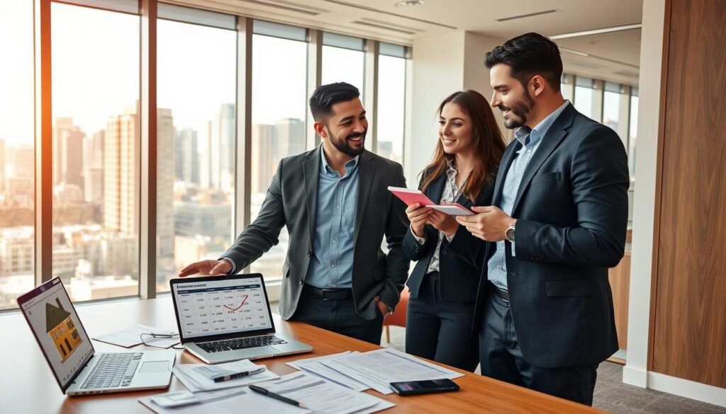 A professional financial advisor in a modern office, discussing mortgage options with a young couple. The advisor, dressed in smart business attire, stands confidently by a desk cluttered with financial documents and a laptop displaying a property value calculator. The couple, engaged and attentive, looks at the advisor with interest while taking notes. In the background, large windows provide natural light, showcasing a vibrant city skyline that symbolizes opportunity. The room’s warm lighting creates an inviting atmosphere, emphasizing the professionalism of the interaction. Capture the scene from a slight angle to highlight the interaction, focusing on expressions of curiosity and understanding, void of any text or distraction. A professional financial advisor in a modern office, discussing mortgage options with a young couple. The advisor, dressed in smart business attire, stands confidently by a desk cluttered with financial documents and a laptop displaying a property value calculator. The couple, engaged and attentive, looks at the advisor with interest while taking notes. In the background, large windows provide natural light, showcasing a vibrant city skyline that symbolizes opportunity. The room’s warm lighting creates an inviting atmosphere, emphasizing the professionalism of the interaction. Capture the scene from a slight angle to highlight the interaction, focusing on expressions of curiosity and understanding, void of any text or distraction.