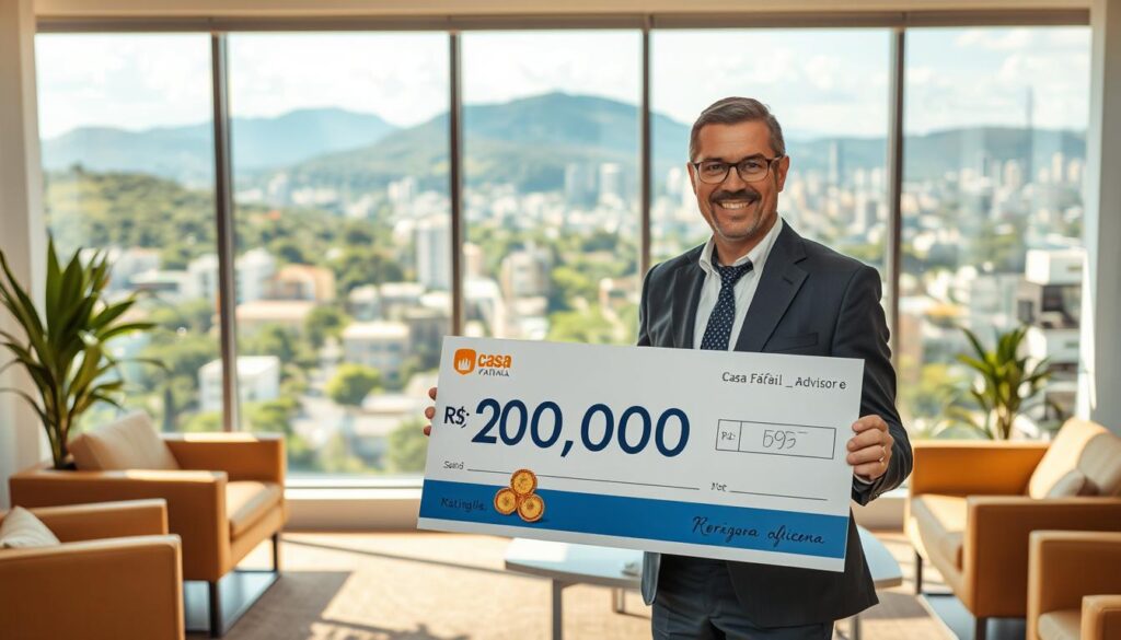 A professional financial advisor in business attire, standing confidently in an office decorated with modern furnishings, is holding a large check labeled "R$ 20,000" in a bright and inviting atmosphere. In the background, a large window shows a panoramic view of Maringá's skyline with lush greenery and city buildings, suggesting prosperity and opportunity. Warm, natural lighting illuminates the scene, creating a positive and hopeful mood. The focus is on the advisor's welcoming expression, conveying trust and professionalism, while the check symbolizes the financial benefit offered by Casa Fácil Paraná. The composition is balanced, with the advisor in the foreground, the check centered, and the cityscape providing a vibrant context. A professional financial advisor in business attire, standing confidently in an office decorated with modern furnishings, is holding a large check labeled "R$ 20,000" in a bright and inviting atmosphere. In the background, a large window shows a panoramic view of Maringá's skyline with lush greenery and city buildings, suggesting prosperity and opportunity. Warm, natural lighting illuminates the scene, creating a positive and hopeful mood. The focus is on the advisor's welcoming expression, conveying trust and professionalism, while the check symbolizes the financial benefit offered by Casa Fácil Paraná. The composition is balanced, with the advisor in the foreground, the check centered, and the cityscape providing a vibrant context.