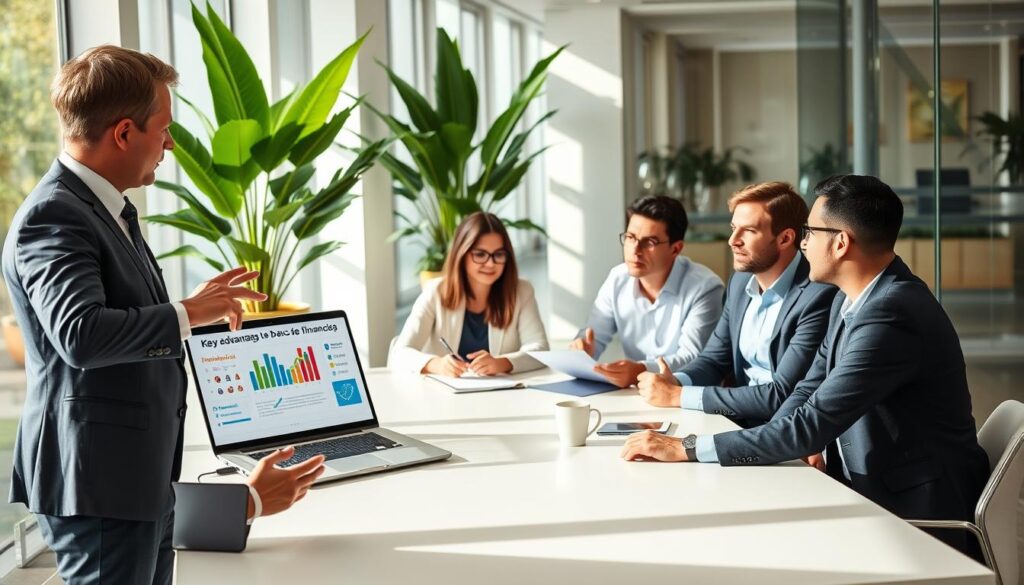 A professional financial advisor presenting key advantages of Banco do Brasil's real estate financing to a group of civil servants in an office setting. The foreground features a confident advisor in formal business attire, gesturing towards a digital presentation on a laptop, displaying infographics and statistics. In the middle, several attentive civil servants, dressed in smart casual attire, are seated around a modern conference table, taking notes and engaging in discussion. The background shows a bright, modern office environment with large windows, natural light streaming in, and potted plants adding a touch of greenery. The atmosphere feels informative and collaborative, emphasizing a sense of opportunity and growth in public sector financing options with Banco do Brasil. A professional financial advisor presenting key advantages of Banco do Brasil's real estate financing to a group of civil servants in an office setting. The foreground features a confident advisor in formal business attire, gesturing towards a digital presentation on a laptop, displaying infographics and statistics. In the middle, several attentive civil servants, dressed in smart casual attire, are seated around a modern conference table, taking notes and engaging in discussion. The background shows a bright, modern office environment with large windows, natural light streaming in, and potted plants adding a touch of greenery. The atmosphere feels informative and collaborative, emphasizing a sense of opportunity and growth in public sector financing options with Banco do Brasil.