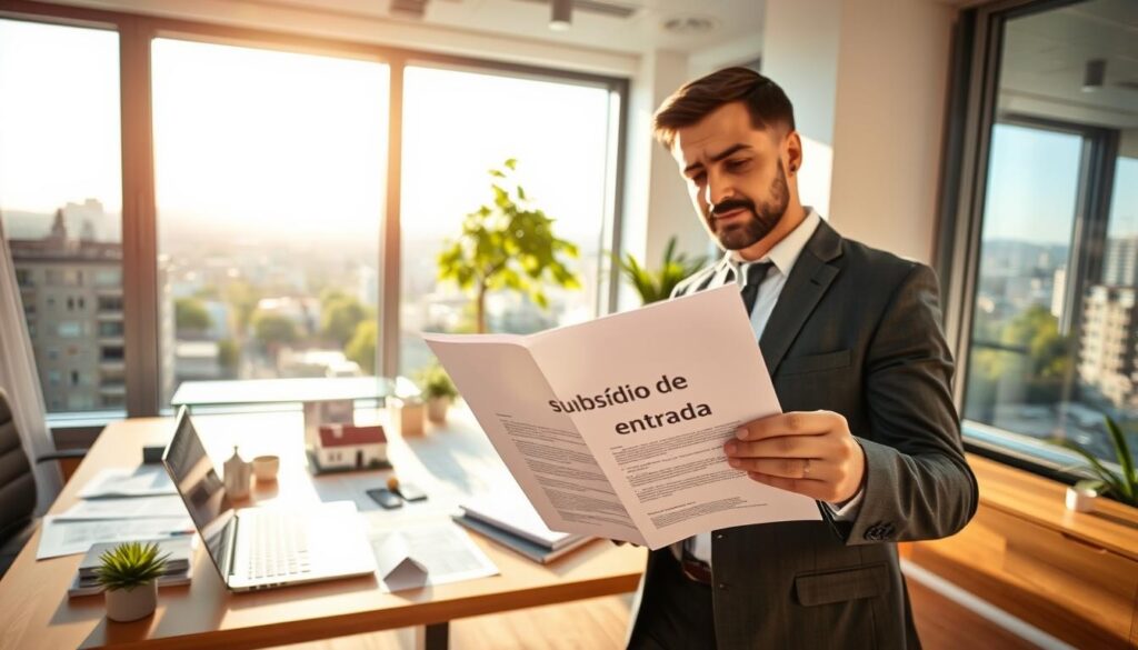 A professional-looking office environment focused on real estate. In the foreground, a well-dressed businessperson examines a document labeled “subsídio de entrada” with a thoughtful expression. The middle ground features a modern desk with a laptop, a cityscape view through large windows, and house plans scattered around, illustrating home ownership. The background showcases a sunny day outside with buildings and green trees. Soft, natural lighting from the windows casts warm tones, creating an optimistic and inviting atmosphere. The camera angle is slightly elevated, capturing both the subject's focused demeanor and the vibrant workspace, emphasizing the theme of housing subsidies and new opportunities in the housing market for 2026. A professional-looking office environment focused on real estate. In the foreground, a well-dressed businessperson examines a document labeled “subsídio de entrada” with a thoughtful expression. The middle ground features a modern desk with a laptop, a cityscape view through large windows, and house plans scattered around, illustrating home ownership. The background showcases a sunny day outside with buildings and green trees. Soft, natural lighting from the windows casts warm tones, creating an optimistic and inviting atmosphere. The camera angle is slightly elevated, capturing both the subject's focused demeanor and the vibrant workspace, emphasizing the theme of housing subsidies and new opportunities in the housing market for 2026.