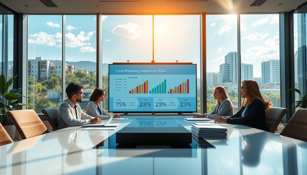 A professional, modern office setting in Maringá, Brazil, showcasing the concept of "FGTS Futuro." In the foreground, a diverse group of individuals in business attire discuss financial documents at a sleek conference table, symbolizing collaboration and strategic planning. The middle ground features a large screen displaying graphs and statistics about future financing options, highlighting the benefits of FGTS in securing homes. In the background, panoramic windows reveal a sunny Maringá skyline, with green spaces and contemporary architecture. Soft, natural lighting illuminates the scene, creating an uplifting, hopeful atmosphere. Focus on clarity and professionalism to emphasize the importance of financial planning for home ownership in 2024. Capture the essence of community and progress in this vibrant urban environment. A professional, modern office setting in Maringá, Brazil, showcasing the concept of "FGTS Futuro." In the foreground, a diverse group of individuals in business attire discuss financial documents at a sleek conference table, symbolizing collaboration and strategic planning. The middle ground features a large screen displaying graphs and statistics about future financing options, highlighting the benefits of FGTS in securing homes. In the background, panoramic windows reveal a sunny Maringá skyline, with green spaces and contemporary architecture. Soft, natural lighting illuminates the scene, creating an uplifting, hopeful atmosphere. Focus on clarity and professionalism to emphasize the importance of financial planning for home ownership in 2024. Capture the essence of community and progress in this vibrant urban environment.