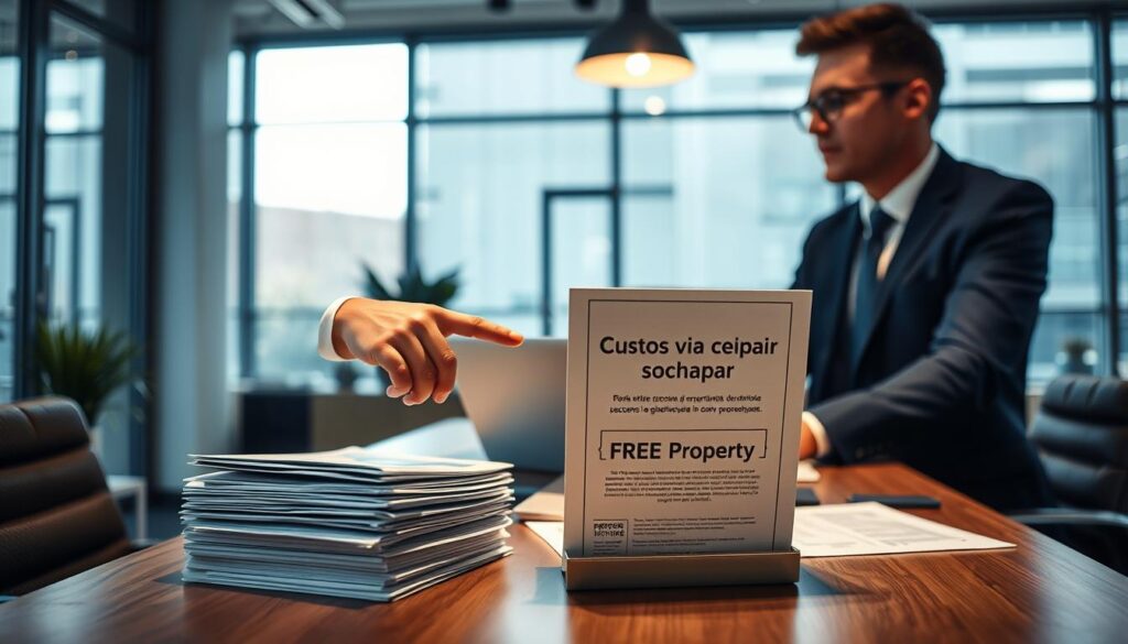 A professional office environment showcasing a consultation between a client and a document specialist discussing property registration costs. In the foreground, a well-dressed consultant, wearing a crisp suit, is pointing at a stack of official documents symbolizing the "custos emitir via cohapar". In the middle, a table laden with documents and a laptop, with a focus on a highlighted brochure about free property escritura services. The background features a modern office with large windows letting in natural light, creating a bright and inviting atmosphere. Soft, warm lighting emphasizes the professionalism of the setting. The overall mood conveys a reassuring and informative ambiance, illustrating the complexities of registration costs in an accessible manner. A professional office environment showcasing a consultation between a client and a document specialist discussing property registration costs. In the foreground, a well-dressed consultant, wearing a crisp suit, is pointing at a stack of official documents symbolizing the "custos emitir via cohapar". In the middle, a table laden with documents and a laptop, with a focus on a highlighted brochure about free property escritura services. The background features a modern office with large windows letting in natural light, creating a bright and inviting atmosphere. Soft, warm lighting emphasizes the professionalism of the setting. The overall mood conveys a reassuring and informative ambiance, illustrating the complexities of registration costs in an accessible manner.