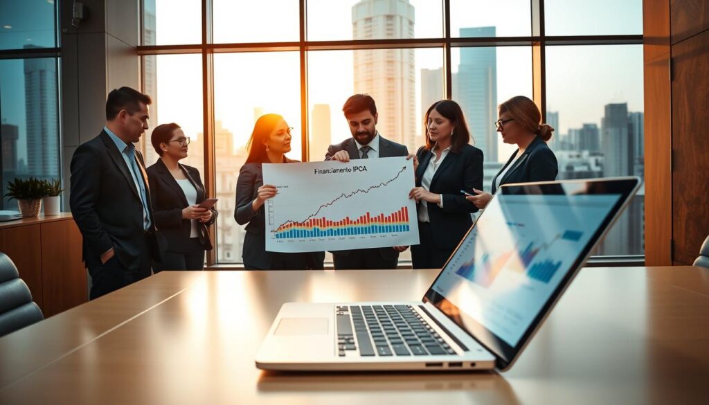 A professional office environment with a sleek modern desk in the foreground, featuring a laptop displaying financial data graphs, specifically highlighting an IPCA index chart. In the middle, a group of diverse business professionals in smart attire are engaged in a discussion around a large document labeled 'Financiamento IPCA.' They are actively pointing at the graph and taking notes, showing collaboration and focus. In the background, a large window reveals a city skyline during golden hour, bathing the scene in warm, inviting light. This creates an atmosphere of productivity and insight, showcasing the importance of the IPCA economic index in financial decisions. The angle should be slightly from above to capture both the interactions of the professionals and the data on the laptop clearly. A professional office environment with a sleek modern desk in the foreground, featuring a laptop displaying financial data graphs, specifically highlighting an IPCA index chart. In the middle, a group of diverse business professionals in smart attire are engaged in a discussion around a large document labeled 'Financiamento IPCA.' They are actively pointing at the graph and taking notes, showing collaboration and focus. In the background, a large window reveals a city skyline during golden hour, bathing the scene in warm, inviting light. This creates an atmosphere of productivity and insight, showcasing the importance of the IPCA economic index in financial decisions. The angle should be slightly from above to capture both the interactions of the professionals and the data on the laptop clearly.