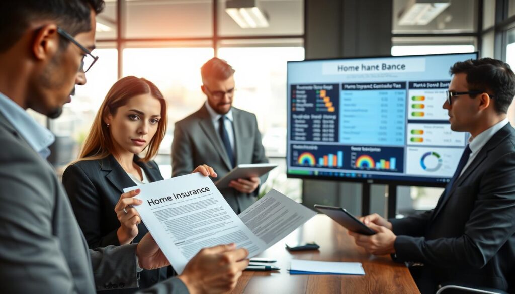A professional office scene depicting a diverse group of individuals analyzing home insurance options. In the foreground, a focused woman in smart business attire is pointing at a detailed document labeled "Home Insurance" while a man beside her, dressed in a sharp suit, takes notes on a digital tablet. In the middle ground, a computer screen displays charts and statistics comparing home insurance rates from regional banks, emphasizing clarity and detail. The background features a modern office with large windows allowing natural light to flood in, creating a bright and engaging atmosphere. The overall mood is serious yet collaborative, reflecting a professional setting dedicated to understanding home insurance, highlighting its importance and necessity. A professional office scene depicting a diverse group of individuals analyzing home insurance options. In the foreground, a focused woman in smart business attire is pointing at a detailed document labeled "Home Insurance" while a man beside her, dressed in a sharp suit, takes notes on a digital tablet. In the middle ground, a computer screen displays charts and statistics comparing home insurance rates from regional banks, emphasizing clarity and detail. The background features a modern office with large windows allowing natural light to flood in, creating a bright and engaging atmosphere. The overall mood is serious yet collaborative, reflecting a professional setting dedicated to understanding home insurance, highlighting its importance and necessity.