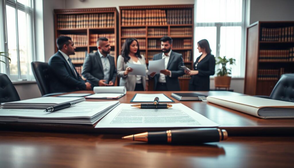 A professional office scene depicting a "registro de imóveis" environment. In the foreground, a well-organized wooden desk filled with legal documents, a fountain pen, and a small stack of property deeds. The middle of the image features a diverse group of professionals in business attire discussing a document, conveying teamwork and legal consultation. In the background, a large bookshelf filled with law books and a window showing a bright day outside, illuminating the room with soft, natural light. The atmosphere is serious and professional, reflecting the importance of property registration in Brazil, with a focus on creating a sense of trust and reliability in legal matters. The camera angle is slightly elevated, capturing both the desk and the group effectively. A professional office scene depicting a "registro de imóveis" environment. In the foreground, a well-organized wooden desk filled with legal documents, a fountain pen, and a small stack of property deeds. The middle of the image features a diverse group of professionals in business attire discussing a document, conveying teamwork and legal consultation. In the background, a large bookshelf filled with law books and a window showing a bright day outside, illuminating the room with soft, natural light. The atmosphere is serious and professional, reflecting the importance of property registration in Brazil, with a focus on creating a sense of trust and reliability in legal matters. The camera angle is slightly elevated, capturing both the desk and the group effectively.