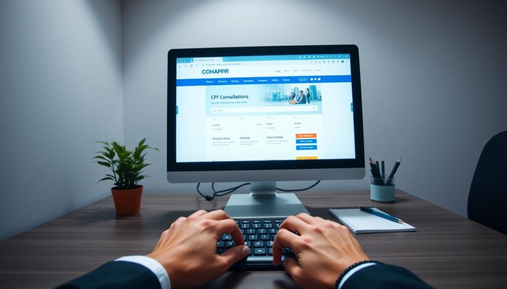 A professional office setting depicting a desktop with a computer screen showing the official Cohapar website. In the foreground, there is a pair of hands typing on a keyboard, dressed in business attire, focused on seeking information. The middle layer features the bright and clear monitor displaying a user-friendly interface related to CPF consultations, including tabs and search fields. In the background, soft lighting illuminates the space, creating a productive atmosphere, while a small potted plant and a notepad add a touch of personalization. The angle is slightly above eye level, giving a comprehensive view of the workspace, enhancing the sense of urgency and professionalism related to checking one’s CPF status online. The mood is serious yet inviting, encouraging users to engage with the process. A professional office setting depicting a desktop with a computer screen showing the official Cohapar website. In the foreground, there is a pair of hands typing on a keyboard, dressed in business attire, focused on seeking information. The middle layer features the bright and clear monitor displaying a user-friendly interface related to CPF consultations, including tabs and search fields. In the background, soft lighting illuminates the space, creating a productive atmosphere, while a small potted plant and a notepad add a touch of personalization. The angle is slightly above eye level, giving a comprehensive view of the workspace, enhancing the sense of urgency and professionalism related to checking one’s CPF status online. The mood is serious yet inviting, encouraging users to engage with the process.
