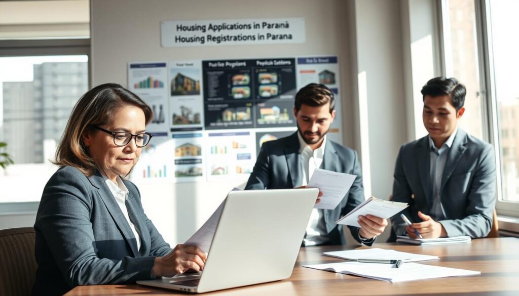 A professional office setting depicting a diverse group of individuals engaged in a discussion about housing applications in Paraná. In the foreground, a middle-aged woman in business attire is sitting at a table, reviewing forms on her laptop, with a look of concentration. Beside her, a young man in a smart casual outfit is taking notes on a notepad. In the middle, a bulletin board displays key information about housing registration, featuring colorful charts and images of homes. In the background, large windows allow natural light to pour in, casting soft shadows and creating an inviting atmosphere. The overall mood is collaborative and focused, emphasizing the importance of community and accessibility in housing registration. The camera angle is slightly elevated, providing a comprehensive view of the workspace. A professional office setting depicting a diverse group of individuals engaged in a discussion about housing applications in Paraná. In the foreground, a middle-aged woman in business attire is sitting at a table, reviewing forms on her laptop, with a look of concentration. Beside her, a young man in a smart casual outfit is taking notes on a notepad. In the middle, a bulletin board displays key information about housing registration, featuring colorful charts and images of homes. In the background, large windows allow natural light to pour in, casting soft shadows and creating an inviting atmosphere. The overall mood is collaborative and focused, emphasizing the importance of community and accessibility in housing registration. The camera angle is slightly elevated, providing a comprehensive view of the workspace.