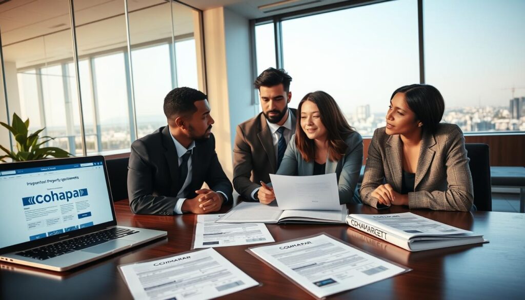 A professional office setting featuring a group of three diverse professionals discussing important documents related to property registration. In the foreground, a well-organized table displays application forms marked "Cohapar" and a laptop open to an official website. The middle ground shows the individuals, dressed in smart business attire, deeply engaged in conversation, with expressions of focus and determination. In the background, a large window lets in natural light, illuminating the room and providing a view of a cityscape. The atmosphere is one of diligence and professionalism, with warm lighting creating an inviting yet serious mood. The camera angle is slightly above eye level, capturing both the subjects and the setting harmoniously without distractions. A professional office setting featuring a group of three diverse professionals discussing important documents related to property registration. In the foreground, a well-organized table displays application forms marked "Cohapar" and a laptop open to an official website. The middle ground shows the individuals, dressed in smart business attire, deeply engaged in conversation, with expressions of focus and determination. In the background, a large window lets in natural light, illuminating the room and providing a view of a cityscape. The atmosphere is one of diligence and professionalism, with warm lighting creating an inviting yet serious mood. The camera angle is slightly above eye level, capturing both the subjects and the setting harmoniously without distractions.