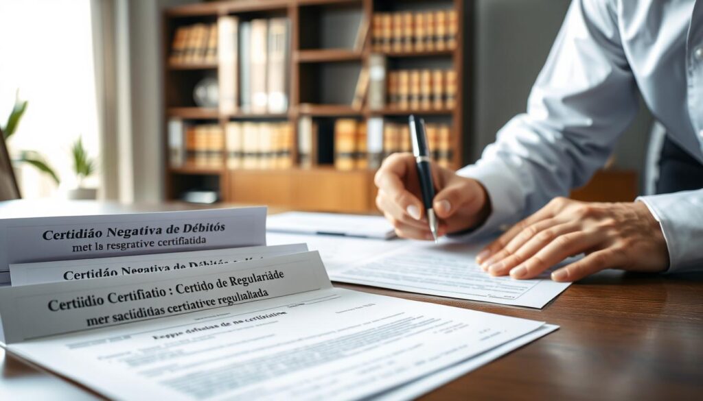 A professional office setting showcasing a close-up of a desk filled with essential documents related to real estate financing. In the foreground, focus on several negative certification documents neatly arranged, with prominent titles like “Certidão Negativa de Débitos” and “Certidão de Regularidade”. Next, include a pair of hands in a crisp white shirt, holding a pen, poised over a document for an official signature. In the background, softly blurred, depict a modern office environment with a bookshelf filled with law books and a window allowing soft, natural light to stream in. The atmosphere should be serious and focused, conveying the importance of these documents in the property financing process. The image should reflect professionalism and clarity, without any text or distractions. A professional office setting showcasing a close-up of a desk filled with essential documents related to real estate financing. In the foreground, focus on several negative certification documents neatly arranged, with prominent titles like “Certidão Negativa de Débitos” and “Certidão de Regularidade”. Next, include a pair of hands in a crisp white shirt, holding a pen, poised over a document for an official signature. In the background, softly blurred, depict a modern office environment with a bookshelf filled with law books and a window allowing soft, natural light to stream in. The atmosphere should be serious and focused, conveying the importance of these documents in the property financing process. The image should reflect professionalism and clarity, without any text or distractions.
