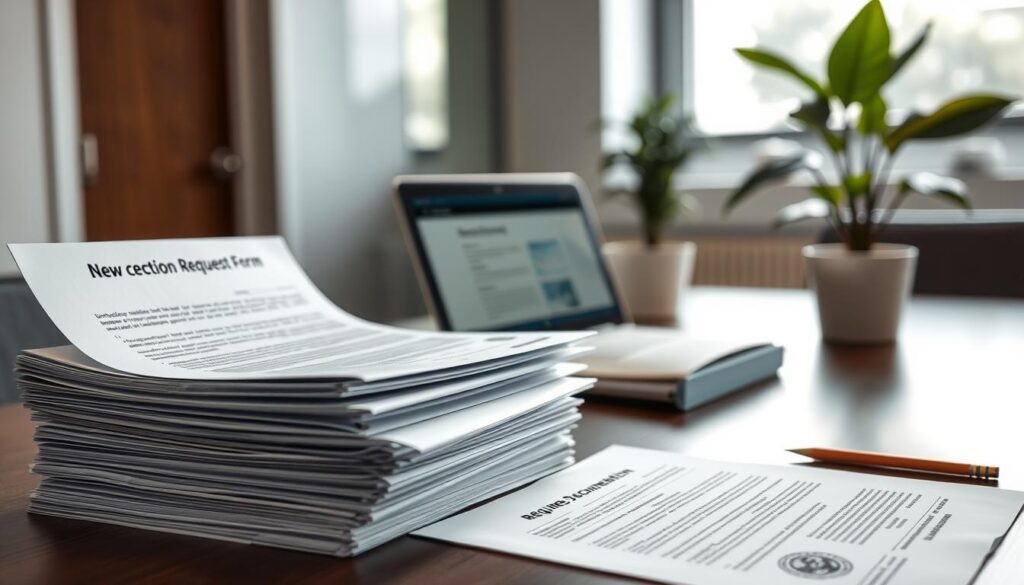 A professional office setting showcasing a detailed desk with neatly organized documentation related to Copel's new connection requests. In the foreground, display a stack of official documents with headings clearly visible, such as "Connection Request Form" and "Required Documentation." In the middle, position a laptop open to an online guide about Copel's procedures, with a potted plant nearby adding a touch of greenery. The background features a soft-focus view of an office window with natural light streaming in, creating a bright and inviting atmosphere. The mood is professional and informative, emphasizing clarity and organization. The image should be clean and well-composed, with no text, people, or distractions present to maintain focus on the documentation theme. A professional office setting showcasing a detailed desk with neatly organized documentation related to Copel's new connection requests. In the foreground, display a stack of official documents with headings clearly visible, such as "Connection Request Form" and "Required Documentation." In the middle, position a laptop open to an online guide about Copel's procedures, with a potted plant nearby adding a touch of greenery. The background features a soft-focus view of an office window with natural light streaming in, creating a bright and inviting atmosphere. The mood is professional and informative, emphasizing clarity and organization. The image should be clean and well-composed, with no text, people, or distractions present to maintain focus on the documentation theme.