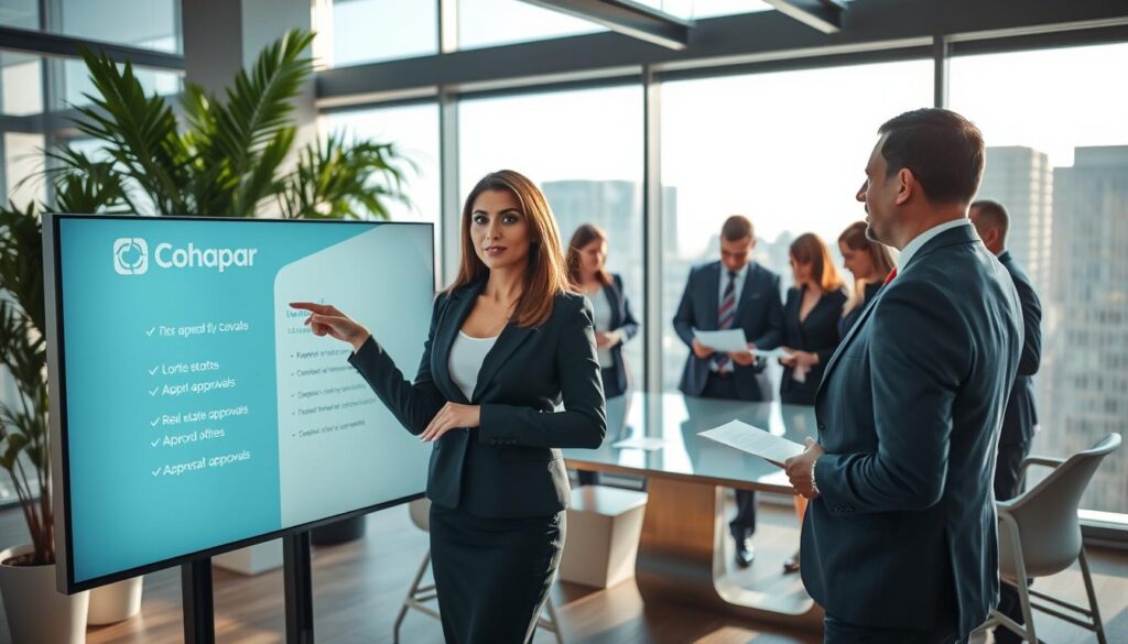 A professional office setting showcasing a modern workspace where a diverse group of individuals in professional business attire are engaged in a collaborative discussion about real estate approvals. In the foreground, a confident woman points to a digital screen displaying the Cohapar logo and a list of approved ventures. In the middle, colleagues are gathered around a sleek conference table, examining documents and taking notes. The background features large windows with natural light streaming in, a cityscape view, and green plants enhancing the fresh atmosphere. The overall mood is focused and productive, with a sense of accomplishment in the air. Use a wide-angle lens to capture the entirety of the scene, emphasizing warmth and clarity in the lighting. A professional office setting showcasing a modern workspace where a diverse group of individuals in professional business attire are engaged in a collaborative discussion about real estate approvals. In the foreground, a confident woman points to a digital screen displaying the Cohapar logo and a list of approved ventures. In the middle, colleagues are gathered around a sleek conference table, examining documents and taking notes. The background features large windows with natural light streaming in, a cityscape view, and green plants enhancing the fresh atmosphere. The overall mood is focused and productive, with a sense of accomplishment in the air. Use a wide-angle lens to capture the entirety of the scene, emphasizing warmth and clarity in the lighting.