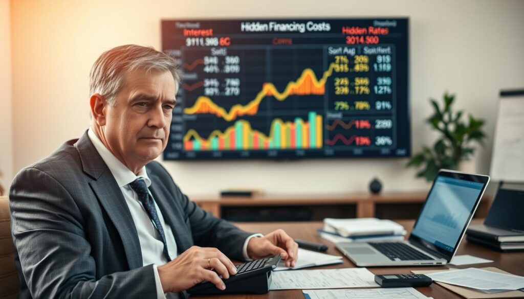A professional office setting with a thoughtful individual, a middle-aged person in business attire, seated at a desk covered with financial documents, a calculator, and a laptop displaying graphs and figures. In the foreground, the person's focused expression reflects concern over hidden financing costs. The middle layer features financial charts on a large screen in the background, emphasizing different interest rates and their hidden fees. Soft, natural lighting casts a warm atmosphere, enhancing the serious tone of the discussion. Use a shallow depth of field to bring focus to the person, while slightly blurring the background elements, creating an intimate yet professional environment that underscores the complexity of financing costs. A professional office setting with a thoughtful individual, a middle-aged person in business attire, seated at a desk covered with financial documents, a calculator, and a laptop displaying graphs and figures. In the foreground, the person's focused expression reflects concern over hidden financing costs. The middle layer features financial charts on a large screen in the background, emphasizing different interest rates and their hidden fees. Soft, natural lighting casts a warm atmosphere, enhancing the serious tone of the discussion. Use a shallow depth of field to bring focus to the person, while slightly blurring the background elements, creating an intimate yet professional environment that underscores the complexity of financing costs.