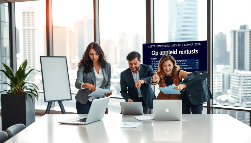 A professional, polished office setting showcasing a digital display board labeled "Lista Empreendimentos Cohapar 2026". In the foreground, a diverse group of three professionals in business attire collaborate over documents, pointing at the screen with focus and engagement. The middle ground features a sleek table with laptops and tablets, illustrating a working environment. In the background, large windows provide natural light, revealing a bustling cityscape outside, adding an energetic atmosphere. The lighting is bright and inviting, emphasizing the professionalism of the scene. Capture the mood of progress and clarity, highlighting the importance of consulting reliable lists of approved ventures in a contemporary workspace. A professional, polished office setting showcasing a digital display board labeled "Lista Empreendimentos Cohapar 2026". In the foreground, a diverse group of three professionals in business attire collaborate over documents, pointing at the screen with focus and engagement. The middle ground features a sleek table with laptops and tablets, illustrating a working environment. In the background, large windows provide natural light, revealing a bustling cityscape outside, adding an energetic atmosphere. The lighting is bright and inviting, emphasizing the professionalism of the scene. Capture the mood of progress and clarity, highlighting the importance of consulting reliable lists of approved ventures in a contemporary workspace.