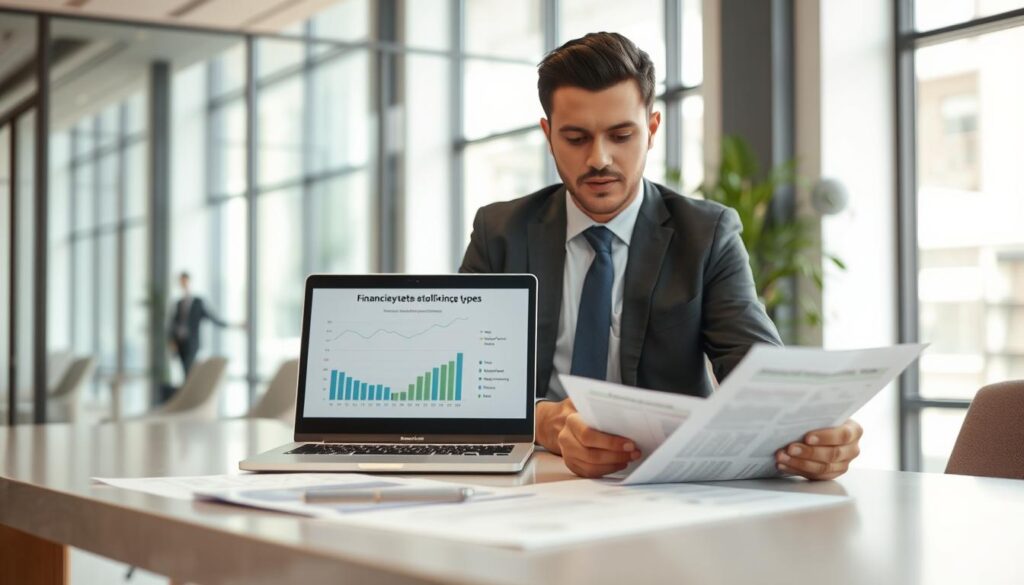 A professional setting depicting a confident public servant from the state of Paraná, Brazil, reviewing financing options available exclusively for government employees. In the foreground, show a well-dressed individual in formal business attire, examining financial documents on a sleek desk. In the middle, include a modern laptop displaying graphs and charts about financing types. In the background, feature a bright office environment with large windows, allowing natural light to illuminate the space. The atmosphere is focused and optimistic, suggesting opportunities and financial growth. Soft, diffused lighting enhances the professional tone, and a shallow depth of field draws attention to the subject and documents. A professional setting depicting a confident public servant from the state of Paraná, Brazil, reviewing financing options available exclusively for government employees. In the foreground, show a well-dressed individual in formal business attire, examining financial documents on a sleek desk. In the middle, include a modern laptop displaying graphs and charts about financing types. In the background, feature a bright office environment with large windows, allowing natural light to illuminate the space. The atmosphere is focused and optimistic, suggesting opportunities and financial growth. Soft, diffused lighting enhances the professional tone, and a shallow depth of field draws attention to the subject and documents.