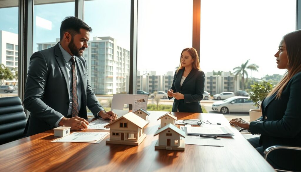 A professional setting featuring a diverse group of individuals discussing real estate financing in Maringá. In the foreground, two business professionals, one male and one female, are reviewing paperwork together at a sleek wooden table adorned with house models and financial documents, both dressed in smart business attire. In the middle ground, a large window shows a view of modern residential buildings in Maringá, with clear skies and a sunny atmosphere. The background includes subtle hints of urban life, such as passing cars and trees, to convey the context of city living. The lighting is bright and warm, suggesting optimism and opportunity, captured with a soft focus lens to create an inviting atmosphere. A professional setting featuring a diverse group of individuals discussing real estate financing in Maringá. In the foreground, two business professionals, one male and one female, are reviewing paperwork together at a sleek wooden table adorned with house models and financial documents, both dressed in smart business attire. In the middle ground, a large window shows a view of modern residential buildings in Maringá, with clear skies and a sunny atmosphere. The background includes subtle hints of urban life, such as passing cars and trees, to convey the context of city living. The lighting is bright and warm, suggesting optimism and opportunity, captured with a soft focus lens to create an inviting atmosphere.