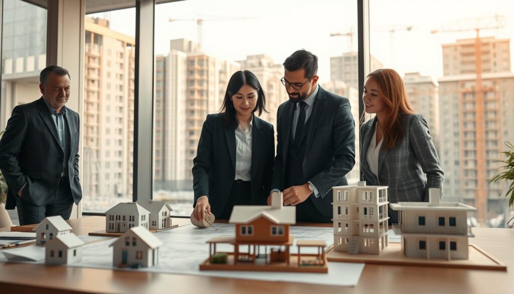 A professional setting illustrating the concept of a construction consortium. In the foreground, a diverse group of three business professionals in smart casual attire, discussing a blueprint on a large table, showcasing collaboration and planning. The middle layer features scaled-down architectural models of houses and buildings, symbolizing different stages of construction. The background depicts a modern office with large windows allowing soft natural light, highlighting urban buildings under construction outside. The atmosphere is dynamic and focused, conveying a sense of teamwork and structured financial planning. Use a wide-angle lens to capture the entire scene, ensuring clarity and depth, with warm lighting to enhance the professional yet inviting mood. A professional setting illustrating the concept of a construction consortium. In the foreground, a diverse group of three business professionals in smart casual attire, discussing a blueprint on a large table, showcasing collaboration and planning. The middle layer features scaled-down architectural models of houses and buildings, symbolizing different stages of construction. The background depicts a modern office with large windows allowing soft natural light, highlighting urban buildings under construction outside. The atmosphere is dynamic and focused, conveying a sense of teamwork and structured financial planning. Use a wide-angle lens to capture the entire scene, ensuring clarity and depth, with warm lighting to enhance the professional yet inviting mood.