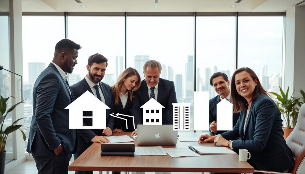 A professional setting illustrating the concept of "consórcio de imóveis" in 2026. In the foreground, a diverse group of business professionals, including men and women of different ethnicities, are engaged in a serious discussion around a table with paperwork and a laptop. They are dressed in smart business attire, exuding a sense of determination and collaboration. In the middle ground, there are visual representations of houses and buildings, symbolizing real estate options and investments, with a modern cityscape in the background. The lighting is bright and inviting, creating a focused atmosphere. The image is shot from an eye-level angle to emphasize engagement and teamwork, conveying a sense of trust and professionalism in real estate collaboration. A professional setting illustrating the concept of "consórcio de imóveis" in 2026. In the foreground, a diverse group of business professionals, including men and women of different ethnicities, are engaged in a serious discussion around a table with paperwork and a laptop. They are dressed in smart business attire, exuding a sense of determination and collaboration. In the middle ground, there are visual representations of houses and buildings, symbolizing real estate options and investments, with a modern cityscape in the background. The lighting is bright and inviting, creating a focused atmosphere. The image is shot from an eye-level angle to emphasize engagement and teamwork, conveying a sense of trust and professionalism in real estate collaboration.