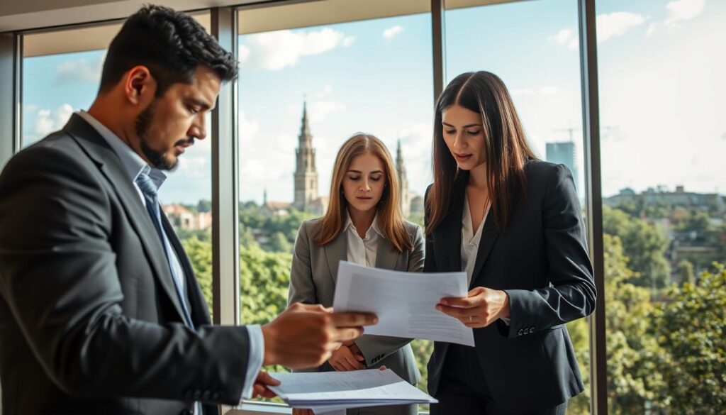 A professional setting in Maringá, Brazil, focused on the concept of home insurance. In the foreground, a diverse group of three individuals in business attire—two men and one woman—discussing a housing contract, examining documents with a serious expression. In the middle ground, a modern, sleek office with large windows showcasing a view of Maringá's iconic skyline, which includes notable architectural features like the Cathedral Basilica of Maringá. The background features lush greenery and a clear blue sky, enhancing the atmosphere of security and stability. Soft, natural lighting filters through the windows, creating a warm yet professional mood, while the camera angle is slightly elevated, providing a comprehensive view of the scene. A professional setting in Maringá, Brazil, focused on the concept of home insurance. In the foreground, a diverse group of three individuals in business attire—two men and one woman—discussing a housing contract, examining documents with a serious expression. In the middle ground, a modern, sleek office with large windows showcasing a view of Maringá's iconic skyline, which includes notable architectural features like the Cathedral Basilica of Maringá. The background features lush greenery and a clear blue sky, enhancing the atmosphere of security and stability. Soft, natural lighting filters through the windows, creating a warm yet professional mood, while the camera angle is slightly elevated, providing a comprehensive view of the scene.