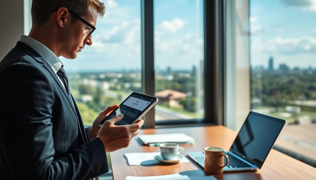 A professional setting in Maringá, Brazil, showcasing a serene office environment where an individual is checking their position on a digital device. In the foreground, a businessperson dressed in smart attire is intently examining a tablet, displaying a user interface that indicates a waiting list status. The middle layer features a desk with a laptop, documents, and a coffee mug, emphasizing productivity and organization. In the background, a window reveals a view of Maringá's skyline, with lush greenery and blue skies, suggesting a calm atmosphere. Soft, natural lighting streams in from the window, casting gentle shadows and creating a warm, inviting ambiance. The mood is focused, reassuring, and professional. A professional setting in Maringá, Brazil, showcasing a serene office environment where an individual is checking their position on a digital device. In the foreground, a businessperson dressed in smart attire is intently examining a tablet, displaying a user interface that indicates a waiting list status. The middle layer features a desk with a laptop, documents, and a coffee mug, emphasizing productivity and organization. In the background, a window reveals a view of Maringá's skyline, with lush greenery and blue skies, suggesting a calm atmosphere. Soft, natural lighting streams in from the window, casting gentle shadows and creating a warm, inviting ambiance. The mood is focused, reassuring, and professional.