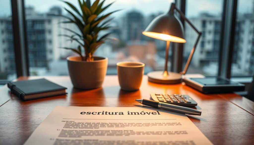 A professional setting showcasing a detailed scene of an "escritura imóvel" document on an elegant wooden desk, with a pen and a calculator nearby. In the foreground, the document is prominently displayed, with clear lines and a clean layout. The middle ground features a potted plant and a modern lamp casting soft, warm light, creating a cozy yet professional atmosphere. In the background, a large window reveals a cityscape with buildings, adding depth to the scene. The lighting is soft and inviting, accentuating the importance of the documentation process. The mood conveys trust, professionalism, and clarity, suitable for a financial discussion about real estate financing. A professional setting showcasing a detailed scene of an "escritura imóvel" document on an elegant wooden desk, with a pen and a calculator nearby. In the foreground, the document is prominently displayed, with clear lines and a clean layout. The middle ground features a potted plant and a modern lamp casting soft, warm light, creating a cozy yet professional atmosphere. In the background, a large window reveals a cityscape with buildings, adding depth to the scene. The lighting is soft and inviting, accentuating the importance of the documentation process. The mood conveys trust, professionalism, and clarity, suitable for a financial discussion about real estate financing.