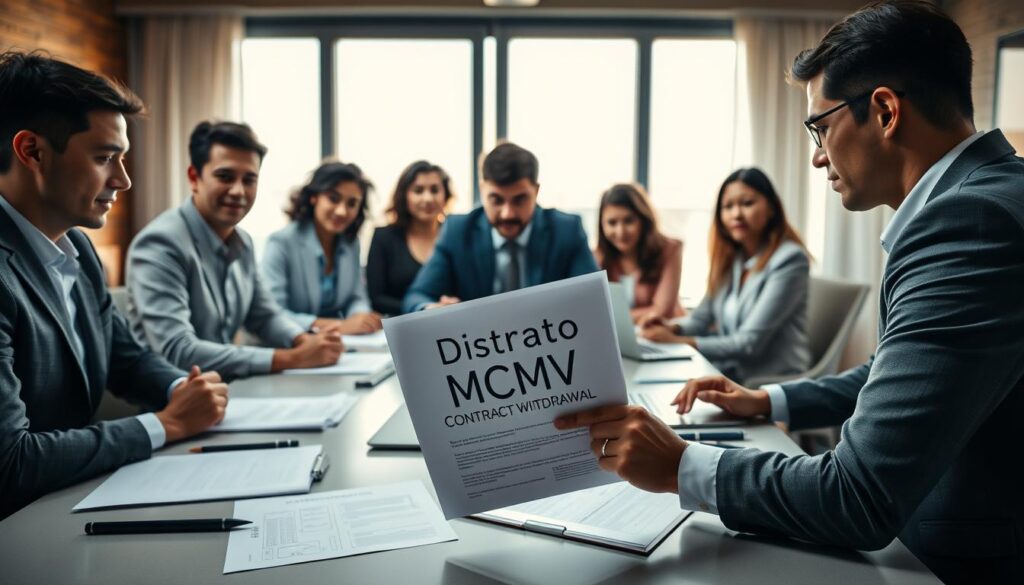 A professional setting showcasing a diverse group of adults in business attire gathered around a large conference table. In the foreground, one person is reviewing a contract labeled "Distrato MCMV" with a look of contemplation, emphasizing the concept of contract withdrawal. The middle ground features papers, pens, and a laptop, symbolizing serious discussions related to real estate and financial matters. The background includes a large window with soft, natural light streaming in, creating a warm and inviting atmosphere. The overall mood is serious yet hopeful, illustrating the decision-making process regarding property investments. The angle is slightly overhead to give a comprehensive view of the collaboration. A professional setting showcasing a diverse group of adults in business attire gathered around a large conference table. In the foreground, one person is reviewing a contract labeled "Distrato MCMV" with a look of contemplation, emphasizing the concept of contract withdrawal. The middle ground features papers, pens, and a laptop, symbolizing serious discussions related to real estate and financial matters. The background includes a large window with soft, natural light streaming in, creating a warm and inviting atmosphere. The overall mood is serious yet hopeful, illustrating the decision-making process regarding property investments. The angle is slightly overhead to give a comprehensive view of the collaboration.