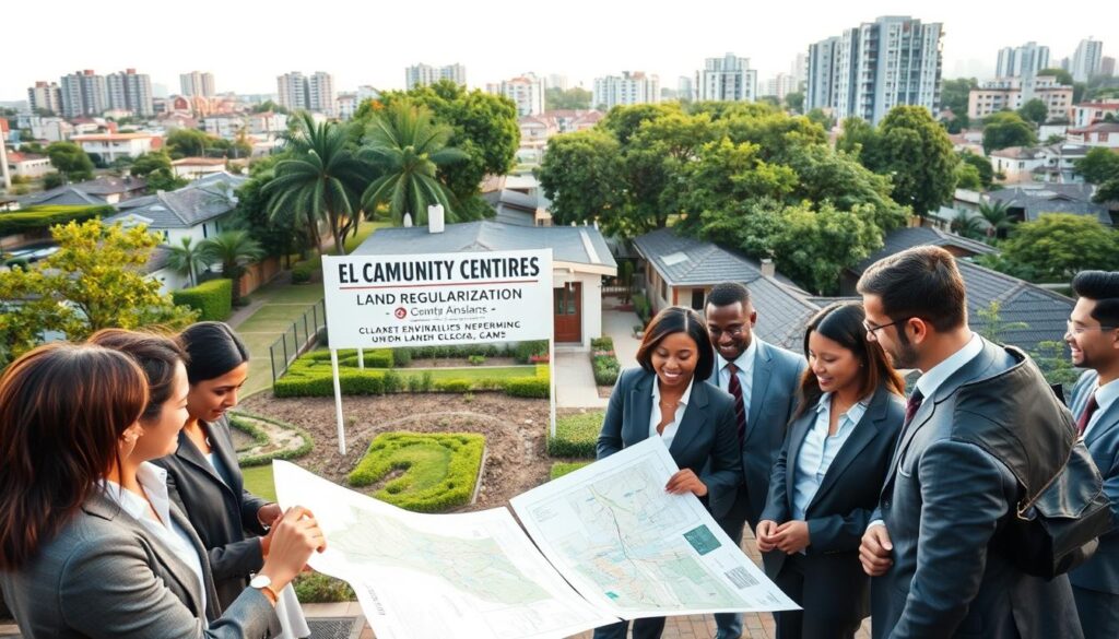 A professional urban landscape depicting a vibrant community engaged in land regularization activities. In the foreground, a diverse group of individuals in professional business attire animatedly discusses property maps and documents, symbolizing cooperation and inclusivity. The middle ground showcases a community center with a sign indicating legal assistance for land regularization, surrounded by green spaces and neatly maintained homes. The background features an urban skyline with modern buildings, illustrating growth and development. Soft, natural lighting enhances the hopeful atmosphere of community transformation, with a warm golden hour glow filtering through the trees. The camera angle is slightly elevated, capturing a wide view that conveys both the grassroots effort and the larger landscape of progress. A professional urban landscape depicting a vibrant community engaged in land regularization activities. In the foreground, a diverse group of individuals in professional business attire animatedly discusses property maps and documents, symbolizing cooperation and inclusivity. The middle ground showcases a community center with a sign indicating legal assistance for land regularization, surrounded by green spaces and neatly maintained homes. The background features an urban skyline with modern buildings, illustrating growth and development. Soft, natural lighting enhances the hopeful atmosphere of community transformation, with a warm golden hour glow filtering through the trees. The camera angle is slightly elevated, capturing a wide view that conveys both the grassroots effort and the larger landscape of progress.
