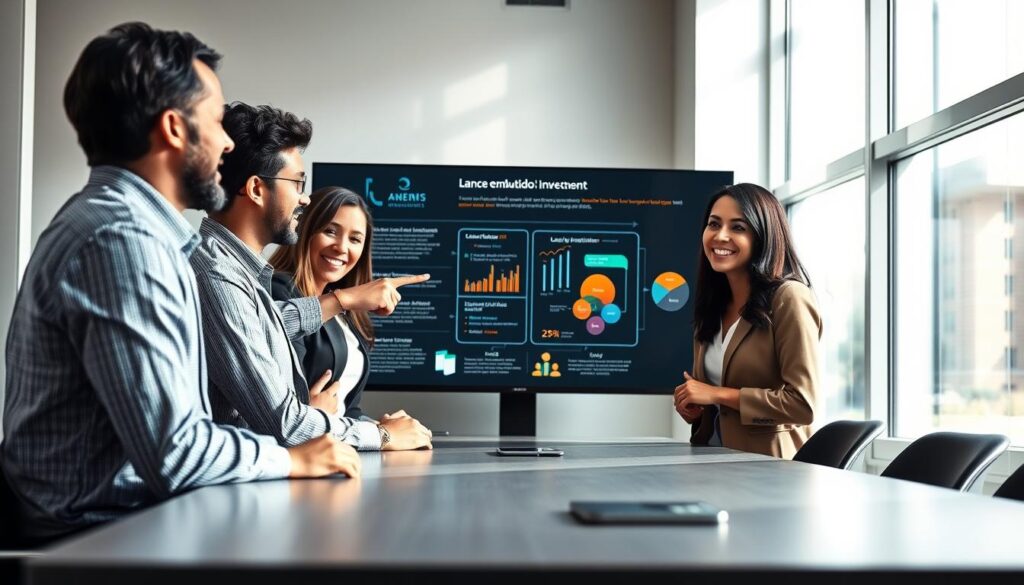 A professional, well-lit office setting as the backdrop, with a sleek conference table in the foreground. On one side of the table, a diverse group of three business professionals, dressed in smart casual attire, are engaged in a discussion about investment strategies. One person is pointing at a detailed infographic illustrating the concept of "lance embutido" in a consortium, which is prominently displayed on a digital screen in the background. Soft, natural light streams through large windows, creating a bright and optimistic atmosphere that conveys a sense of collaboration and learning. The camera angle is slightly elevated, capturing both the enthusiastic expressions of the participants and the informative display behind them, embodying the essence of modern business interaction. A professional, well-lit office setting as the backdrop, with a sleek conference table in the foreground. On one side of the table, a diverse group of three business professionals, dressed in smart casual attire, are engaged in a discussion about investment strategies. One person is pointing at a detailed infographic illustrating the concept of "lance embutido" in a consortium, which is prominently displayed on a digital screen in the background. Soft, natural light streams through large windows, creating a bright and optimistic atmosphere that conveys a sense of collaboration and learning. The camera angle is slightly elevated, capturing both the enthusiastic expressions of the participants and the informative display behind them, embodying the essence of modern business interaction.