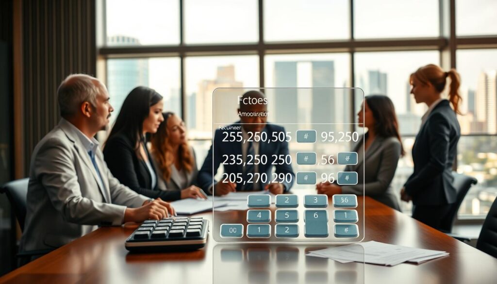 A professional workspace illustrating the concept of amortization with FGTS. In the foreground, a diverse group of business professionals, dressed in formal attire, are discussing financial documents over a conference table. The middle ground features a transparent calculator displaying numbers related to loans and amortization. In the background, a large window allows natural light to flood the room, creating a bright and optimistic atmosphere, with a city skyline visible outside. Soft focus on the distant buildings adds depth. The composition highlights teamwork and finance, conveying a sense of clarity and strategic planning. Use a warm color palette to enhance the inviting environment, with gentle shadows to suggest depth. A professional workspace illustrating the concept of amortization with FGTS. In the foreground, a diverse group of business professionals, dressed in formal attire, are discussing financial documents over a conference table. The middle ground features a transparent calculator displaying numbers related to loans and amortization. In the background, a large window allows natural light to flood the room, creating a bright and optimistic atmosphere, with a city skyline visible outside. Soft focus on the distant buildings adds depth. The composition highlights teamwork and finance, conveying a sense of clarity and strategic planning. Use a warm color palette to enhance the inviting environment, with gentle shadows to suggest depth.