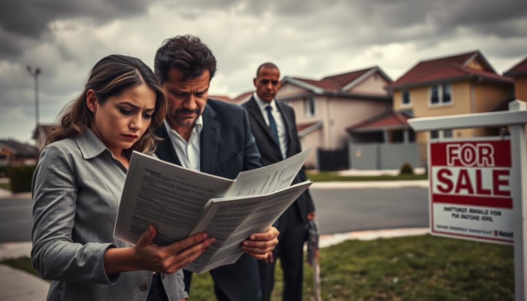 A scene depicting the themes of housing scams in Paraná, Brazil. In the foreground, a concerned couple is examining a stack of official-looking documents, looking skeptical and frustrated. They are dressed in professional attire, conveying seriousness and concern. In the middle ground, a shady figure in a suit is partially obscured, looking deceitful and lurking near a “for sale” sign that has unsettling terms. The background shows a typical suburban neighborhood with houses, creating an atmosphere of false security. The lighting is dramatic, with a somber overcast sky, emphasizing tension and suspicion. The camera angle is slightly low, enhancing the sense of urgency and alertness in the scene. A scene depicting the themes of housing scams in Paraná, Brazil. In the foreground, a concerned couple is examining a stack of official-looking documents, looking skeptical and frustrated. They are dressed in professional attire, conveying seriousness and concern. In the middle ground, a shady figure in a suit is partially obscured, looking deceitful and lurking near a “for sale” sign that has unsettling terms. The background shows a typical suburban neighborhood with houses, creating an atmosphere of false security. The lighting is dramatic, with a somber overcast sky, emphasizing tension and suspicion. The camera angle is slightly low, enhancing the sense of urgency and alertness in the scene.