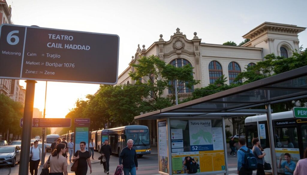 A scenic image depicting public transportation routes leading to Teatro Calil Haddad, located in the calm and cultured Zone 05. In the foreground, a vibrant city street bustling with modestly dressed pedestrians and neatly arranged bus stops with schedules. The middle ground features a transit map indicating various routes, with a clear view of street signage guiding visitors. In the background, the elegant facade of Teatro Calil Haddad, adorned with lush greenery and artistic murals. A soft, warm sunset casts a golden hue over the scene, creating a welcoming atmosphere. The perspective is slightly elevated, capturing the bustling ambiance while focusing on the theater's architecture and transportation elements, evoking a sense of community and relaxation. A scenic image depicting public transportation routes leading to Teatro Calil Haddad, located in the calm and cultured Zone 05. In the foreground, a vibrant city street bustling with modestly dressed pedestrians and neatly arranged bus stops with schedules. The middle ground features a transit map indicating various routes, with a clear view of street signage guiding visitors. In the background, the elegant facade of Teatro Calil Haddad, adorned with lush greenery and artistic murals. A soft, warm sunset casts a golden hue over the scene, creating a welcoming atmosphere. The perspective is slightly elevated, capturing the bustling ambiance while focusing on the theater's architecture and transportation elements, evoking a sense of community and relaxation.