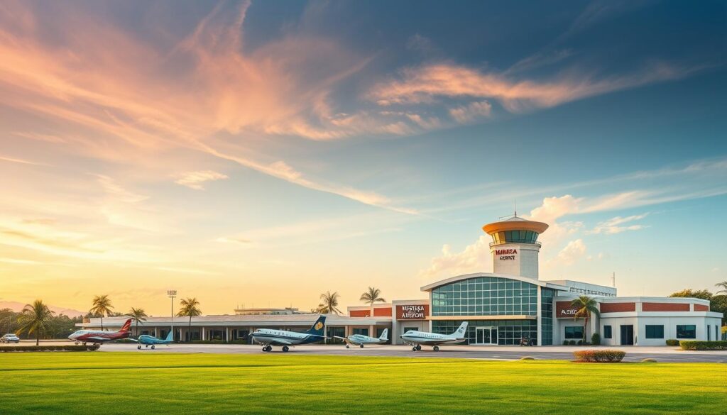 A scenic view of the historic Maringá Airport, showcasing its vintage architecture and landscaped surroundings. In the foreground, include the recognizable airport terminal with its distinctive design, featuring large glass windows and a welcoming entrance. The middle ground should depict classic aircraft parked at the runway, highlighting the airport's bustling activity in its prime. In the background, illustrate a beautiful sky, transitioning from a soft blue to warm hues at sunset, casting a nostalgic glow over the scene. Frame the image with a slight angle, as if captured from a low vantage point to emphasize the airport's grandeur. The atmosphere should evoke a sense of history and nostalgia, inviting viewers to reflect on the past and the transition to the new airport. A scenic view of the historic Maringá Airport, showcasing its vintage architecture and landscaped surroundings. In the foreground, include the recognizable airport terminal with its distinctive design, featuring large glass windows and a welcoming entrance. The middle ground should depict classic aircraft parked at the runway, highlighting the airport's bustling activity in its prime. In the background, illustrate a beautiful sky, transitioning from a soft blue to warm hues at sunset, casting a nostalgic glow over the scene. Frame the image with a slight angle, as if captured from a low vantage point to emphasize the airport's grandeur. The atmosphere should evoke a sense of history and nostalgia, inviting viewers to reflect on the past and the transition to the new airport.