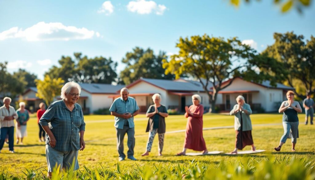 A serene and inviting community scene representing "Viver Mais Paraná." In the foreground, depict a group of elderly individuals engaging in various activities, such as discussing with smiles on their faces or practicing yoga in a lush green park. They are dressed in modest, casual clothing. In the middle ground, feature charming, accessible housing units designed for senior living, with a focus on integration with nature. The background showcases a clear blue sky dotted with a few fluffy white clouds, and trees providing shade. Use soft, warm lighting to convey a welcoming atmosphere, capturing the essence of a supportive community for seniors. The image should have a slight depth of field to emphasize the foreground activities, creating an inviting and heartwarming scene. A serene and inviting community scene representing "Viver Mais Paraná." In the foreground, depict a group of elderly individuals engaging in various activities, such as discussing with smiles on their faces or practicing yoga in a lush green park. They are dressed in modest, casual clothing. In the middle ground, feature charming, accessible housing units designed for senior living, with a focus on integration with nature. The background showcases a clear blue sky dotted with a few fluffy white clouds, and trees providing shade. Use soft, warm lighting to convey a welcoming atmosphere, capturing the essence of a supportive community for seniors. The image should have a slight depth of field to emphasize the foreground activities, creating an inviting and heartwarming scene.