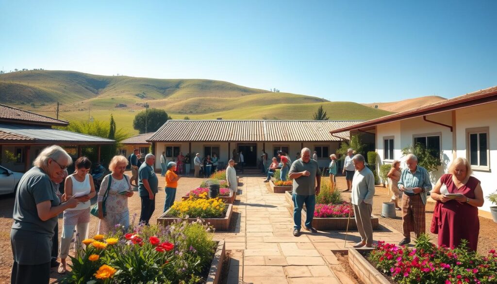 A serene and welcoming elderly community center, known as "Condomínio do Idoso," situated in a sunny Paraná neighborhood. In the foreground, a diverse group of senior residents of various ethnicities is engaged in activities such as gardening, reading, and socializing, dressed in modest casual clothing. The middle ground features a well-maintained building with wide, accessible pathways, surrounded by vibrant flower beds and lush greenery, showcasing a sense of community and care. In the background, gentle rolling hills under a bright blue sky add to the calm atmosphere. The lighting is warm and inviting, evoking a sense of comfort and safety, with soft shadows accentuating the scene, captured with a slightly elevated angle to encompass the cheerful environment. A serene and welcoming elderly community center, known as "Condomínio do Idoso," situated in a sunny Paraná neighborhood. In the foreground, a diverse group of senior residents of various ethnicities is engaged in activities such as gardening, reading, and socializing, dressed in modest casual clothing. The middle ground features a well-maintained building with wide, accessible pathways, surrounded by vibrant flower beds and lush greenery, showcasing a sense of community and care. In the background, gentle rolling hills under a bright blue sky add to the calm atmosphere. The lighting is warm and inviting, evoking a sense of comfort and safety, with soft shadows accentuating the scene, captured with a slightly elevated angle to encompass the cheerful environment.