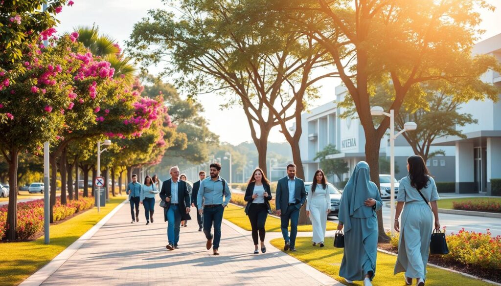A serene campus pathway styled as a safe route near the Universidade Estadual de Maringá, with well-maintained sidewalks lined by vibrant trees and blooming flowers. In the foreground, a diverse group of students in professional business attire or modest casual clothing leisurely walk together, engaged in conversation. The middle ground features well-lit bike lanes and clearly marked crosswalks, suggesting safety measures, while nearby buildings display clear signage of the university. The background includes soft-focus greenery and bright blue skies to enhance the feeling of tranquility and safety. The lighting is warm and inviting, with a sunrise effect to evoke an optimistic atmosphere. The overall scene celebrates community and the importance of secure paths around the campus. A serene campus pathway styled as a safe route near the Universidade Estadual de Maringá, with well-maintained sidewalks lined by vibrant trees and blooming flowers. In the foreground, a diverse group of students in professional business attire or modest casual clothing leisurely walk together, engaged in conversation. The middle ground features well-lit bike lanes and clearly marked crosswalks, suggesting safety measures, while nearby buildings display clear signage of the university. The background includes soft-focus greenery and bright blue skies to enhance the feeling of tranquility and safety. The lighting is warm and inviting, with a sunrise effect to evoke an optimistic atmosphere. The overall scene celebrates community and the importance of secure paths around the campus.