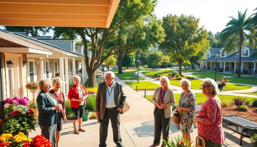 A serene community scene depicting the benefits of a housing program for the elderly. In the foreground, a diverse group of elderly individuals, dressed in professional business attire and modest casual clothing, engage in cheerful conversation on a sunlit patio adorned with vibrant flowers and potted plants. In the middle ground, cozy homes with welcoming porches and accessible features symbolize comfortable living. The background reveals a lush park with walking paths and benches under shady trees, conveying a sense of tranquility and community. The lighting is warm and inviting, reminiscent of a late afternoon sun. The angle is slightly elevated, providing a comprehensive view of the environment, emphasizing the harmony and support that the program offers to its residents. The overall mood is uplifting and hopeful, celebrating the joys of community living for seniors. A serene community scene depicting the benefits of a housing program for the elderly. In the foreground, a diverse group of elderly individuals, dressed in professional business attire and modest casual clothing, engage in cheerful conversation on a sunlit patio adorned with vibrant flowers and potted plants. In the middle ground, cozy homes with welcoming porches and accessible features symbolize comfortable living. The background reveals a lush park with walking paths and benches under shady trees, conveying a sense of tranquility and community. The lighting is warm and inviting, reminiscent of a late afternoon sun. The angle is slightly elevated, providing a comprehensive view of the environment, emphasizing the harmony and support that the program offers to its residents. The overall mood is uplifting and hopeful, celebrating the joys of community living for seniors.
