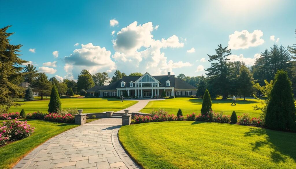A serene country club setting featuring an elegant entrance framed by meticulously manicured lawns and vibrant flowerbeds in full bloom. In the foreground, a stylish stone pathway leads to the main Clubhouse with large, welcoming windows. The middle ground showcases well-dressed patrons enjoying leisurely activities like golf and tennis, all in professional attire. Lush greenery surrounds the scene, with tall trees gently swaying in the breeze, creating a tranquil atmosphere. In the background, a clear blue sky with soft, fluffy clouds casts a warm sunlight on the surroundings, enhancing the inviting mood. The image captures a sense of exclusivity and luxury, highlighting the desirable lifestyle associated with the country club. A serene country club setting featuring an elegant entrance framed by meticulously manicured lawns and vibrant flowerbeds in full bloom. In the foreground, a stylish stone pathway leads to the main Clubhouse with large, welcoming windows. The middle ground showcases well-dressed patrons enjoying leisurely activities like golf and tennis, all in professional attire. Lush greenery surrounds the scene, with tall trees gently swaying in the breeze, creating a tranquil atmosphere. In the background, a clear blue sky with soft, fluffy clouds casts a warm sunlight on the surroundings, enhancing the inviting mood. The image captures a sense of exclusivity and luxury, highlighting the desirable lifestyle associated with the country club.
