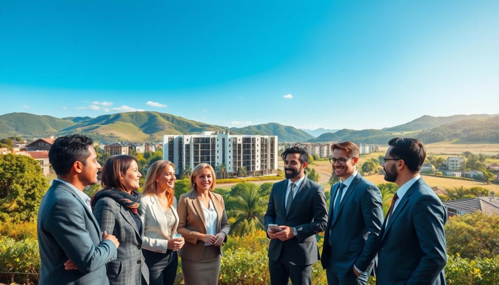 A serene landscape of Paraná, Brazil, featuring a modern urban environment blended with natural beauty. In the foreground, a diverse group of professional individuals in business attire discusses real estate options, encapsulating the spirit of community and collaboration. In the middle ground, a well-designed residential building represents the housing market, showcasing appealing architecture with lush greenery surrounding it. The background features rolling hills and a clear blue sky, enhancing the optimistic mood of the scene. Soft, natural lighting illuminates the scene to create a welcoming atmosphere. The composition should be framed from a slightly elevated angle to capture both the people and the stunning environment harmoniously, conveying hope and opportunity for future homebuyers in Paraná. A serene landscape of Paraná, Brazil, featuring a modern urban environment blended with natural beauty. In the foreground, a diverse group of professional individuals in business attire discusses real estate options, encapsulating the spirit of community and collaboration. In the middle ground, a well-designed residential building represents the housing market, showcasing appealing architecture with lush greenery surrounding it. The background features rolling hills and a clear blue sky, enhancing the optimistic mood of the scene. Soft, natural lighting illuminates the scene to create a welcoming atmosphere. The composition should be framed from a slightly elevated angle to capture both the people and the stunning environment harmoniously, conveying hope and opportunity for future homebuyers in Paraná.