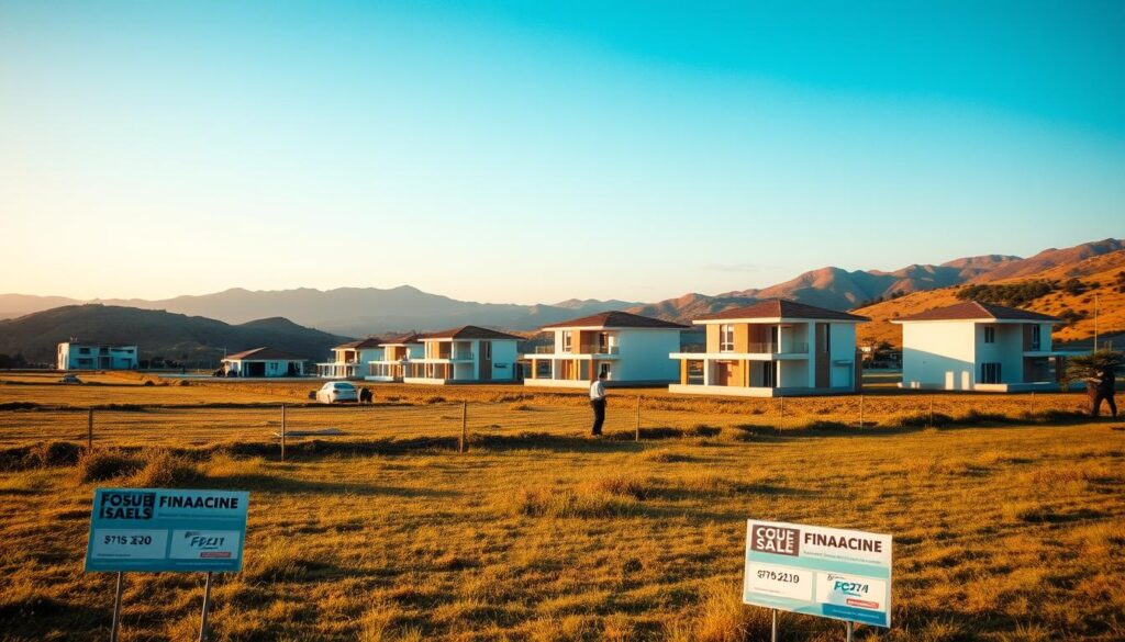 A serene landscape of residential land parcels in Mandaguaçu, showcasing various lot sizes with clear demarcations. In the foreground, a few neatly arranged for sale signs hint at available financing options, positioned on well-maintained grassy terrain. The middle ground features several modern homes under construction, reflecting the promise of a thriving community, with workers in professional attire engaged in building activities. In the background, gentle hills and blue skies enhance the calm atmosphere. The scene is captured during the golden hour, with soft, warm lighting that casts long shadows and enriches the colors. The camera angle is slightly elevated to offer a panoramic view of the development area, emphasizing the potential of these lots and the accessibility of financial options. A serene landscape of residential land parcels in Mandaguaçu, showcasing various lot sizes with clear demarcations. In the foreground, a few neatly arranged for sale signs hint at available financing options, positioned on well-maintained grassy terrain. The middle ground features several modern homes under construction, reflecting the promise of a thriving community, with workers in professional attire engaged in building activities. In the background, gentle hills and blue skies enhance the calm atmosphere. The scene is captured during the golden hour, with soft, warm lighting that casts long shadows and enriches the colors. The camera angle is slightly elevated to offer a panoramic view of the development area, emphasizing the potential of these lots and the accessibility of financial options.